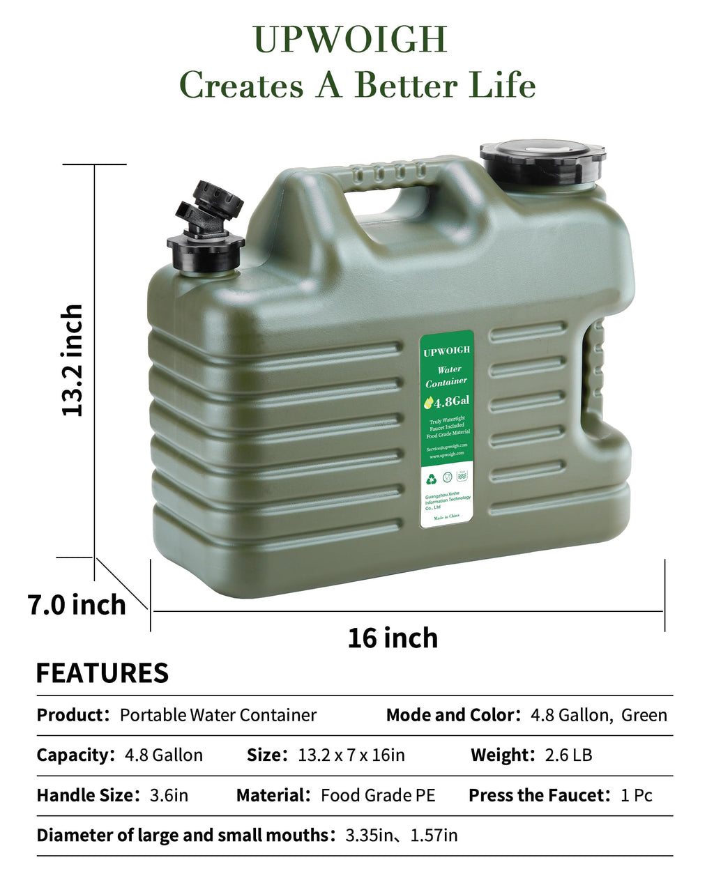 Upwoigh 5 Gallon Water Jug, Thickened Water Storage Overlanding Gear Containers, Camping Essential Truly Leak-Proof Green Water