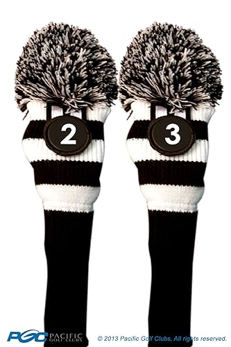Majek #2 & 3 Hybrid Combo Pack Rescue Utility Black And White Golf Headcover Knit Pom Pom Retro Classic Vintage Head Cover