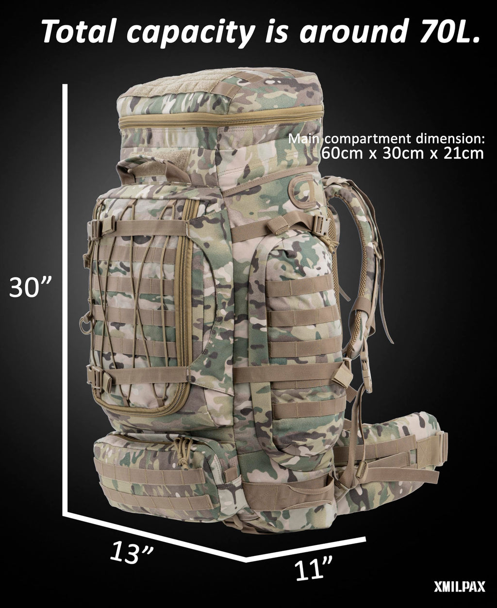 Xmilpax Large Military Backpack Army Rucksack Tactical Molle Pack For Camping Backpacking Hunting Bushcraft Adventure 70L