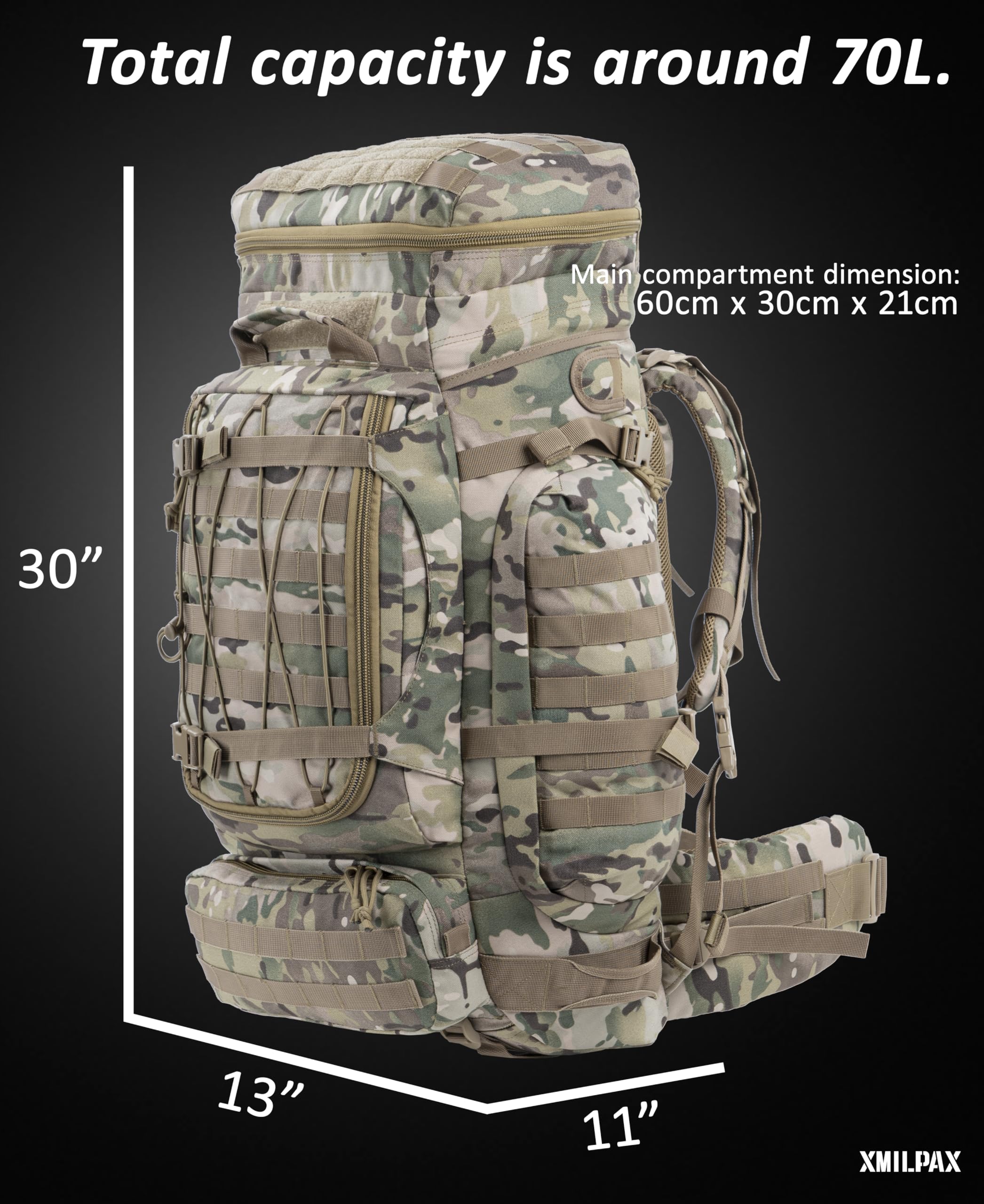 Xmilpax Large Military Backpack Army Rucksack Tactical Molle Pack For Camping Backpacking Hunting Bushcraft Adventure 70L