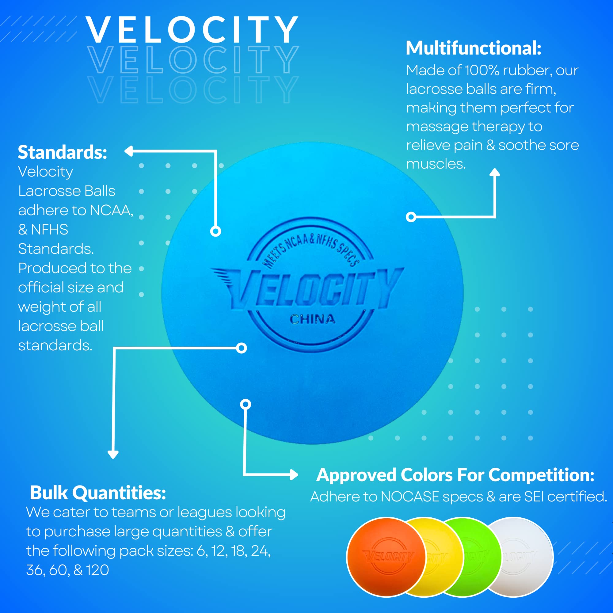 Velocity Lacrosse Balls - 120 Packs - Official Nfhs And College Approved Size - Light Blue