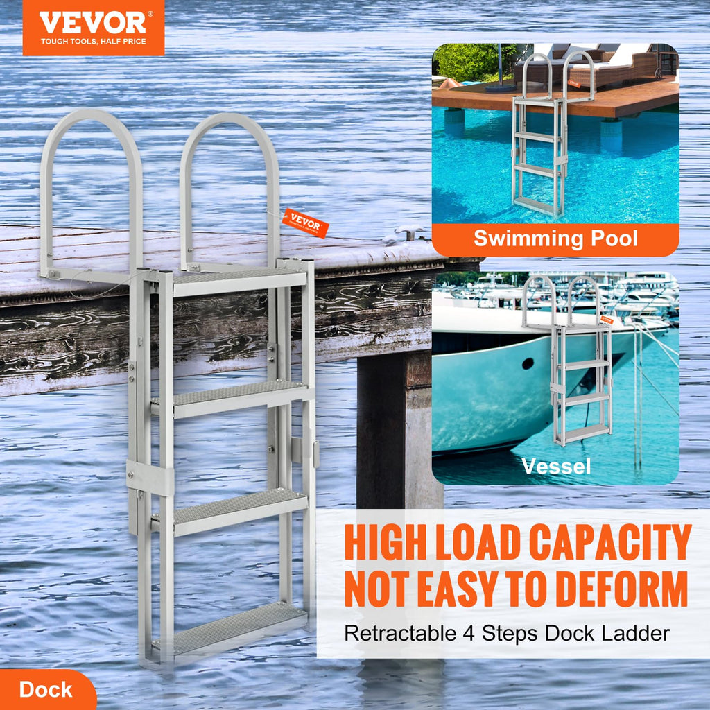 Vevor Retractable Dock Ladder 4 Steps, Aluminum Sliding Pontoon Boat Ladder With 36''-48'' Adjustable Height, 4'' Wide Step & No