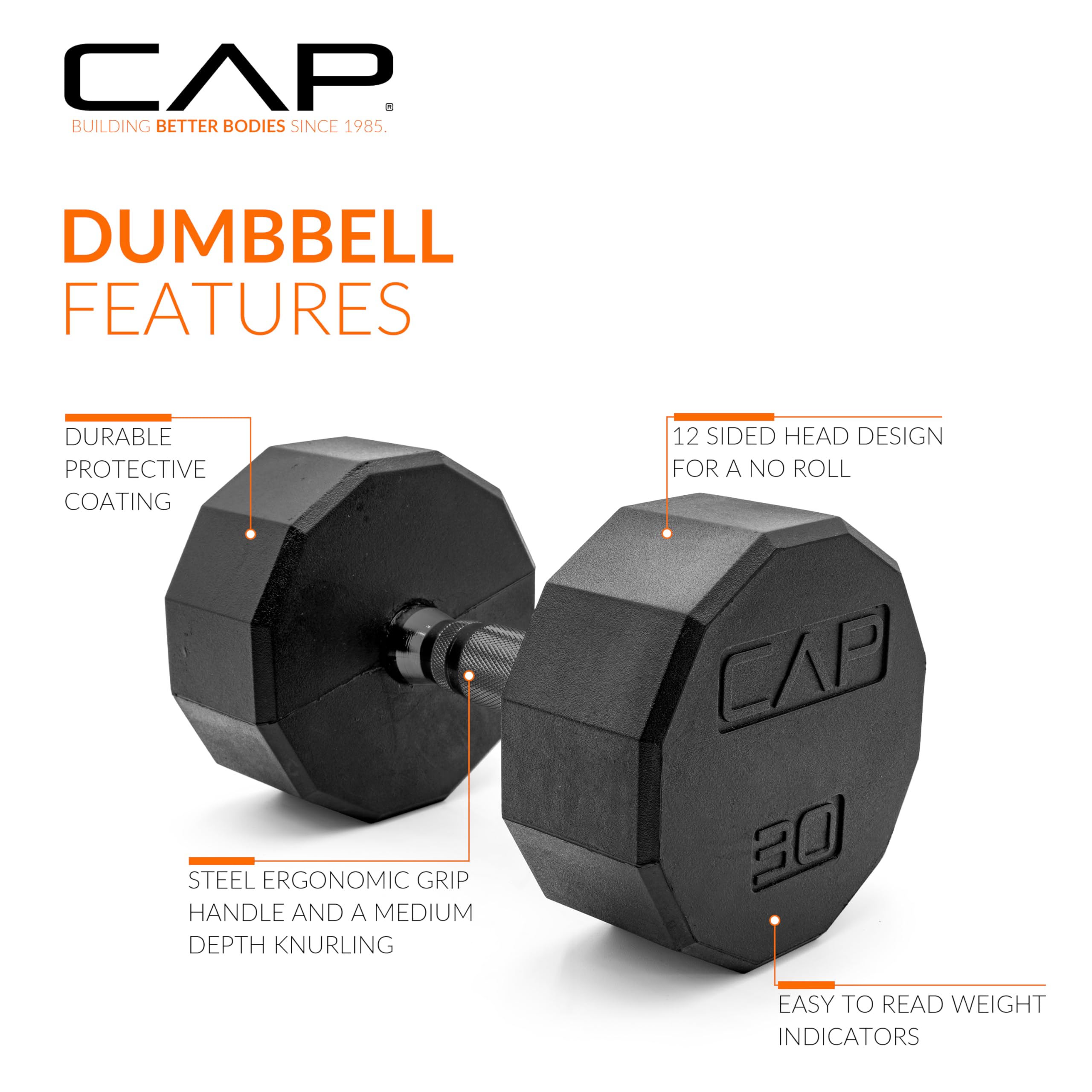 Cap Barbell 12-Sided Coated Dumbbell With Black Handle, Single, 30 Lb