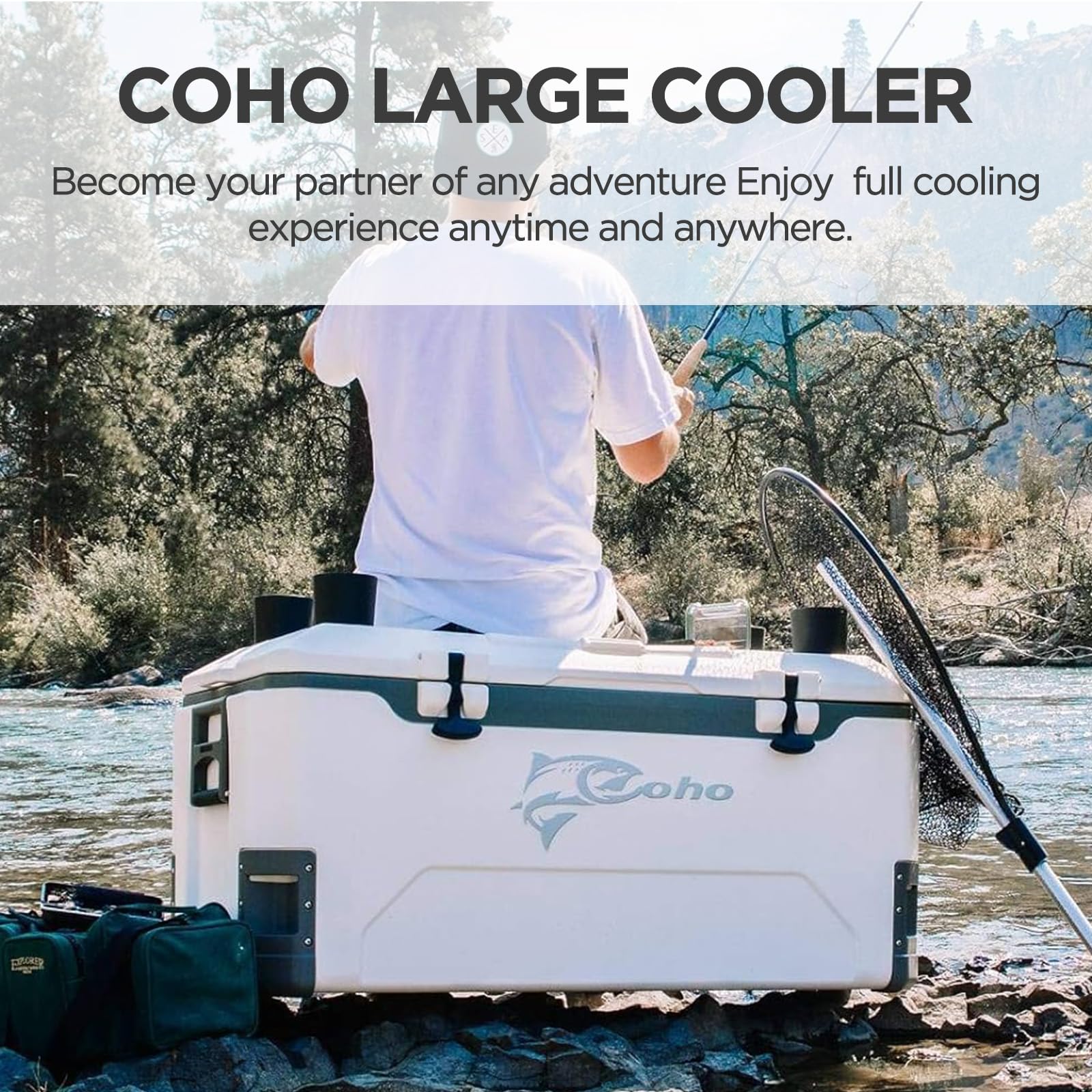 Coho 165Qt Insulated Hard Cooler With Fish Ruler, Removable Cup Holders, Magnetic Disc & Tie-Down Loops, Ice Chest For Camping,