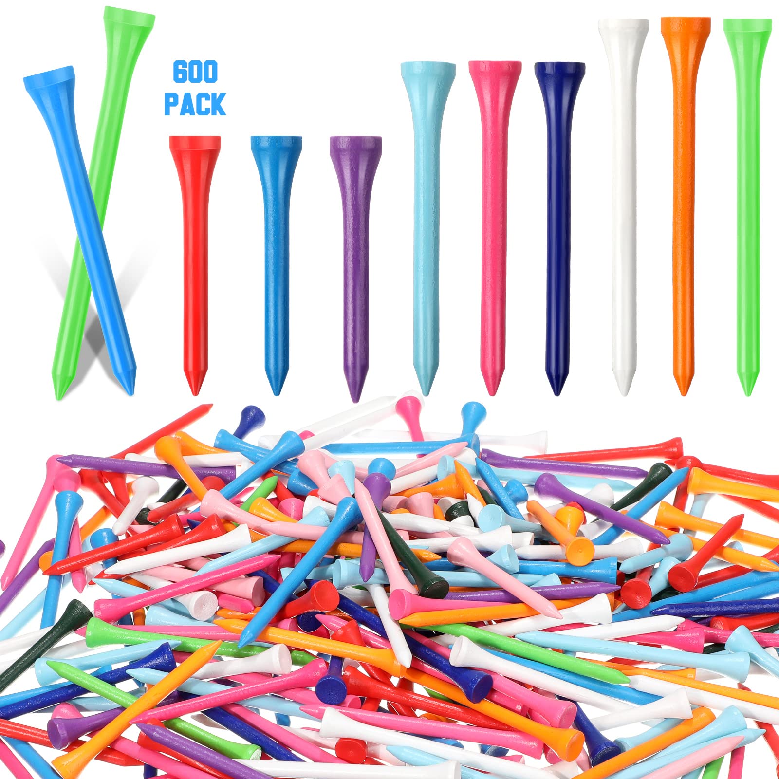Mudder 600 Pack Golf Tees Bulk Wooden Bamboo Golf Tees Multicolor Wood for Men Balls Accessories (3-1/4,2-3/4,2-1/8 Inch,Bright 