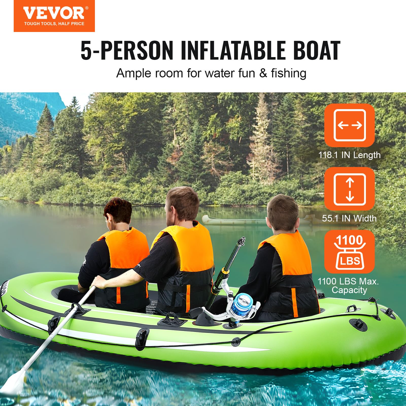 Vevor Inflatable Boat, 3-Person Inflatable Fishing Boat, Strong Pvc Portable Boat Raft Kayak, 45.6 Aluminum Oars, Fishing Rod Ho