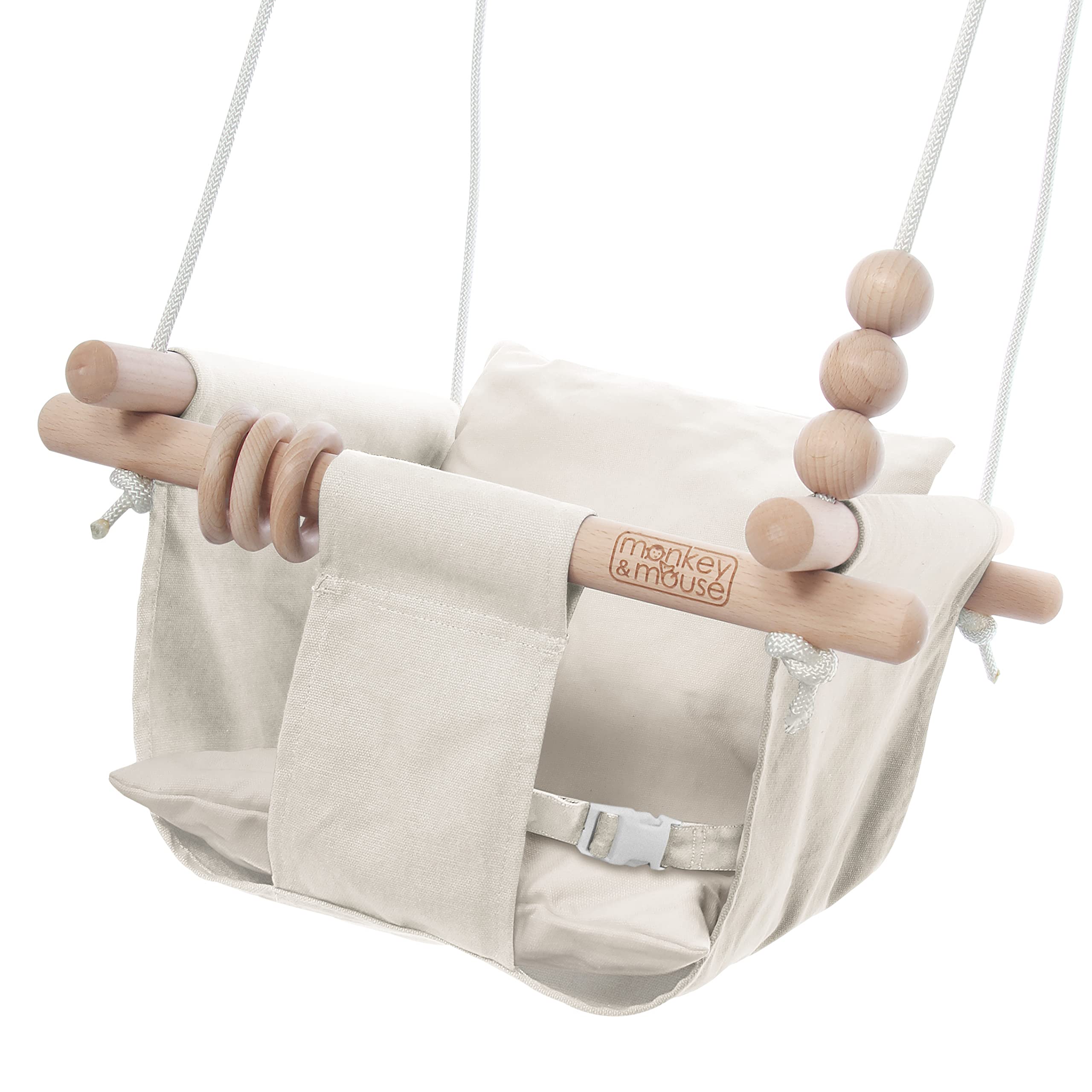 Monkey & Mouse Baby Swing - Cream Indoor Outdoor Portable Hanging Chair for Infant & Toddler Kids Up to 4 Years - Cotton Canvas 