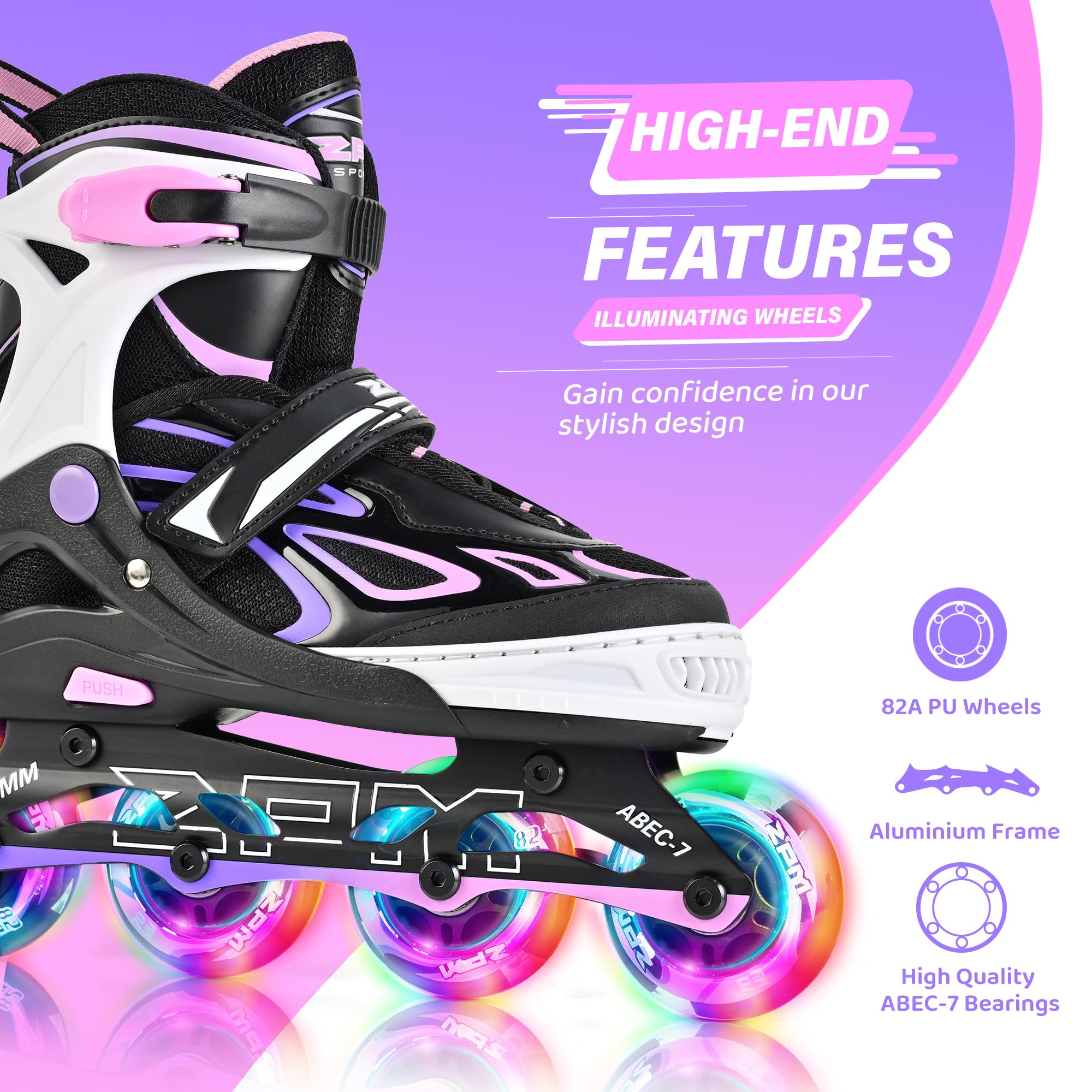 2PM SPORTS Vinal Inline Skates for Girls Boys Kids Ages 5-8 8-12 with Adjustable Illuminating Wheels, Inline Roller Skates for Y