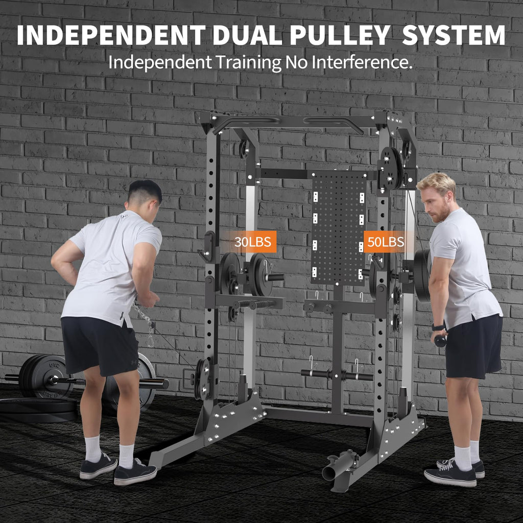 Power Cage, 2000 LB Squat Rack with Dual Pulley Cable Crossover, Multi-Function Home Gym Power Rack with Attachments, Full Body