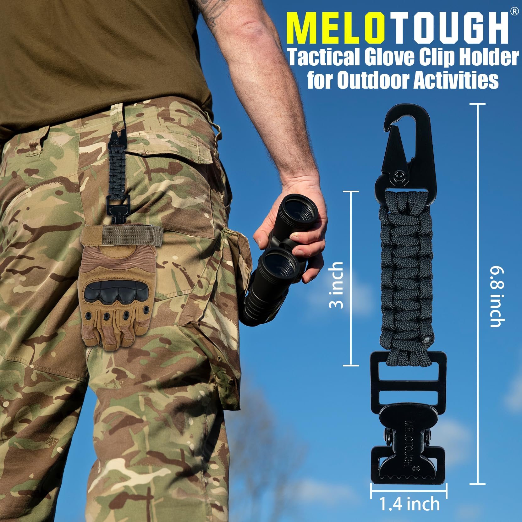 Melotough Tactical Glove Clip Braided Paracord Glove Holder Clip For Hunting, Hiking, Camping, Outdoor Activities (Black 2Pcs)