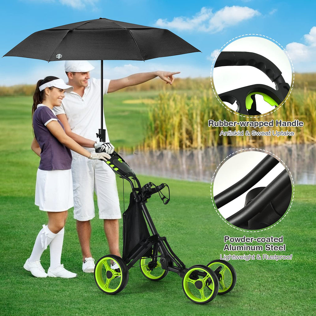 Gymax Folding Golf Push Cart, Height Adjustable Portable Caddy Cart With Umbrella Holder, Waterproof Bag, Built-In Cooler & Foot