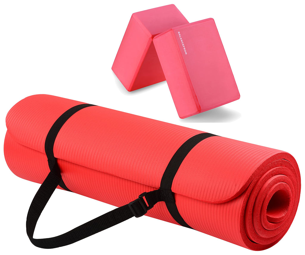 Fitvids All Purpose 1/2-Inch Extra Thick High Density Anti-Tear Exercise Yoga Mat With Carrying Strap And Yoga Blocks, Red