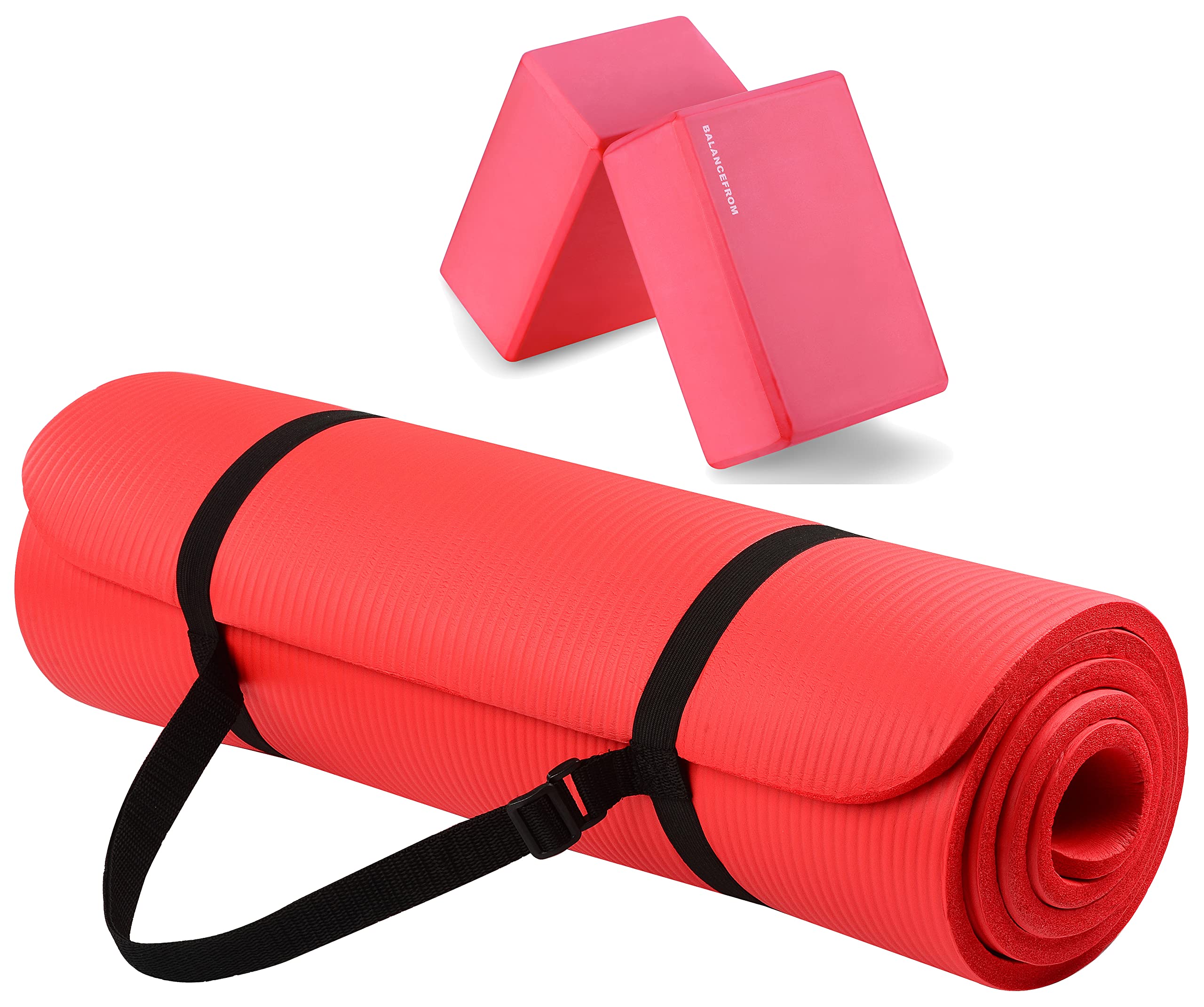 Fitvids All Purpose 1/2-Inch Extra Thick High Density Anti-Tear Exercise Yoga Mat With Carrying Strap And Yoga Blocks, Red