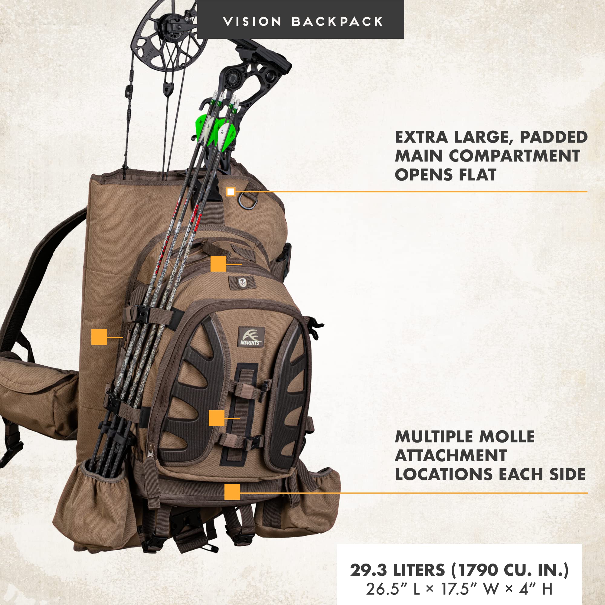 Insights Hunting By Frogg Toggs - The Vision Bow Pack, Camouflaged Backpack, Solid Elements Brown