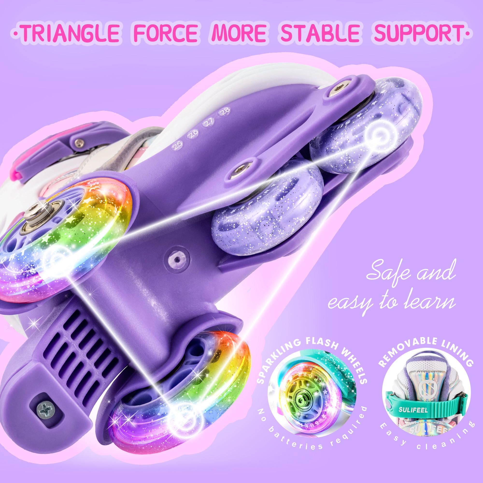 Sulifeel Rainbow Unicorn 4 Size Adjustable Light Up Toddler Roller Skates For Girls And Boys For Kids Purple