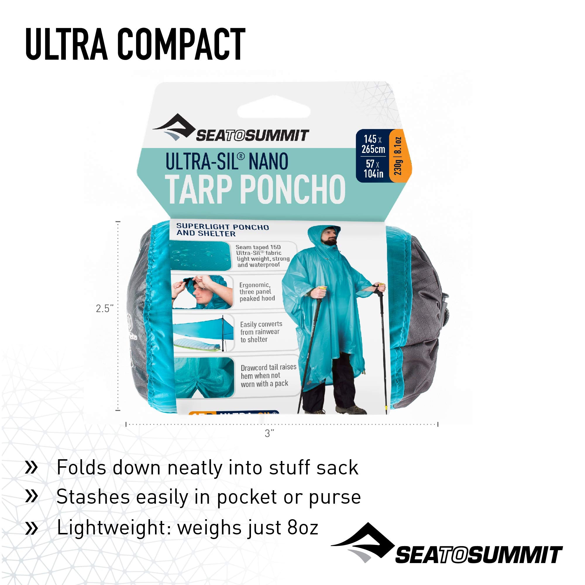 Sea To Summit Ultra-Sil Nano Tarp Poncho 4-In-1 Raincoat, Pack Cover, Groundsheet, And Shelter, Pacific Blue