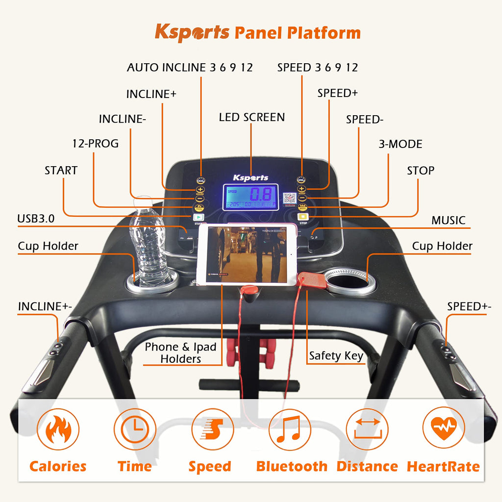 Ksports Foldable 16.5 Inch Cardio Fitness Portable Treadmill With Bluetooth Connectivity, Lcd Display, And Tracking Apps For Hom