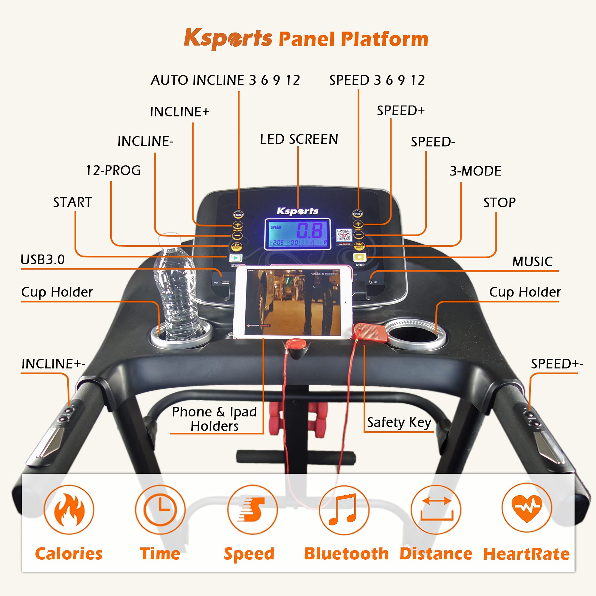 Ksports Foldable 16.5 Inch Cardio Fitness Portable Treadmill With Bluetooth Connectivity, Lcd Display, And Tracking Apps For Hom