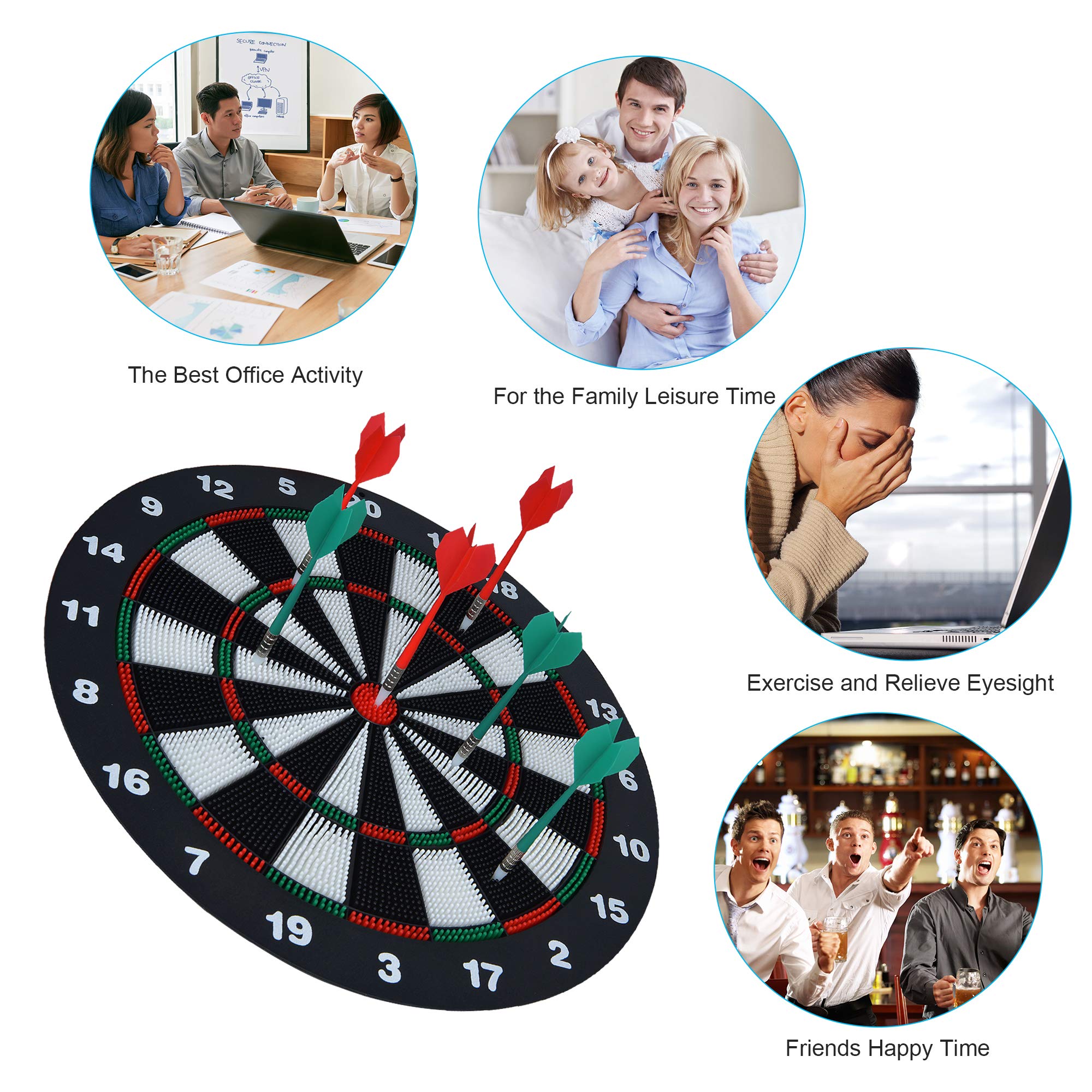 Portzon Dart Board, 16.4 Inch With 6 Rubber Safety Tip Darts Dartboard Game Set, Office Relaxing Sport & Family Leisure Time