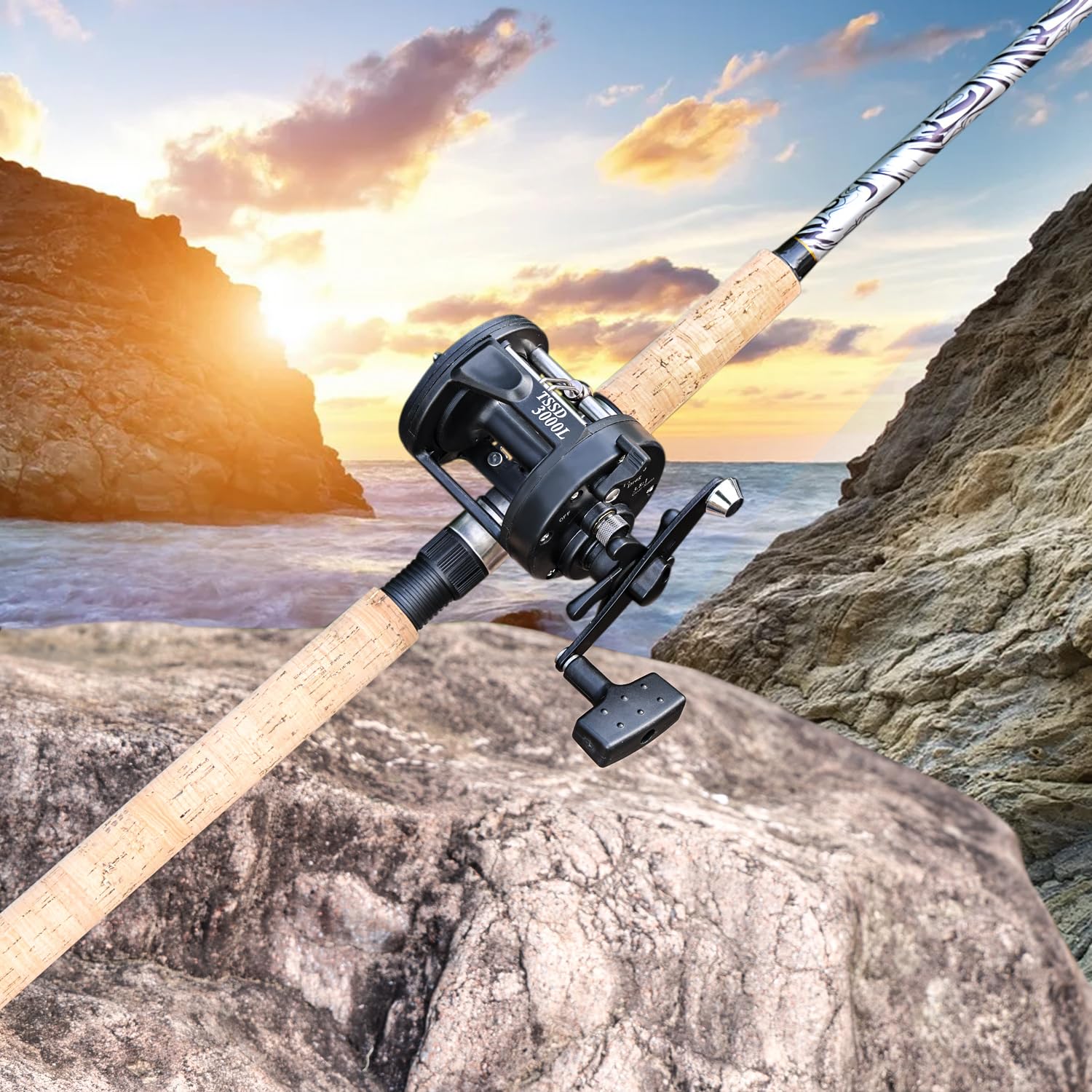Sougayilang Fiberglass Fishing Pole Conventional Reel Combo With Durable P-Cork Rod Handle, Medium Heavy For Catfish Salmon And
