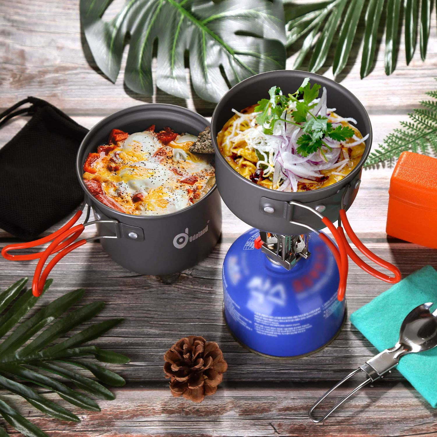 Odoland 6Pcs Camping Cookware Mess Kit With Lightweight Pot, Stove, Spork And Carry Mesh Bag, Great For Backpacking Outdoor Camp