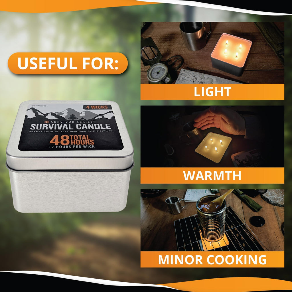 Se 4 Wicks Survival Candle In Tin Box, 48 Total Hours/12 Hours Per Wick Top Layer Soy Wax, Great Light Source Gear For Survival,