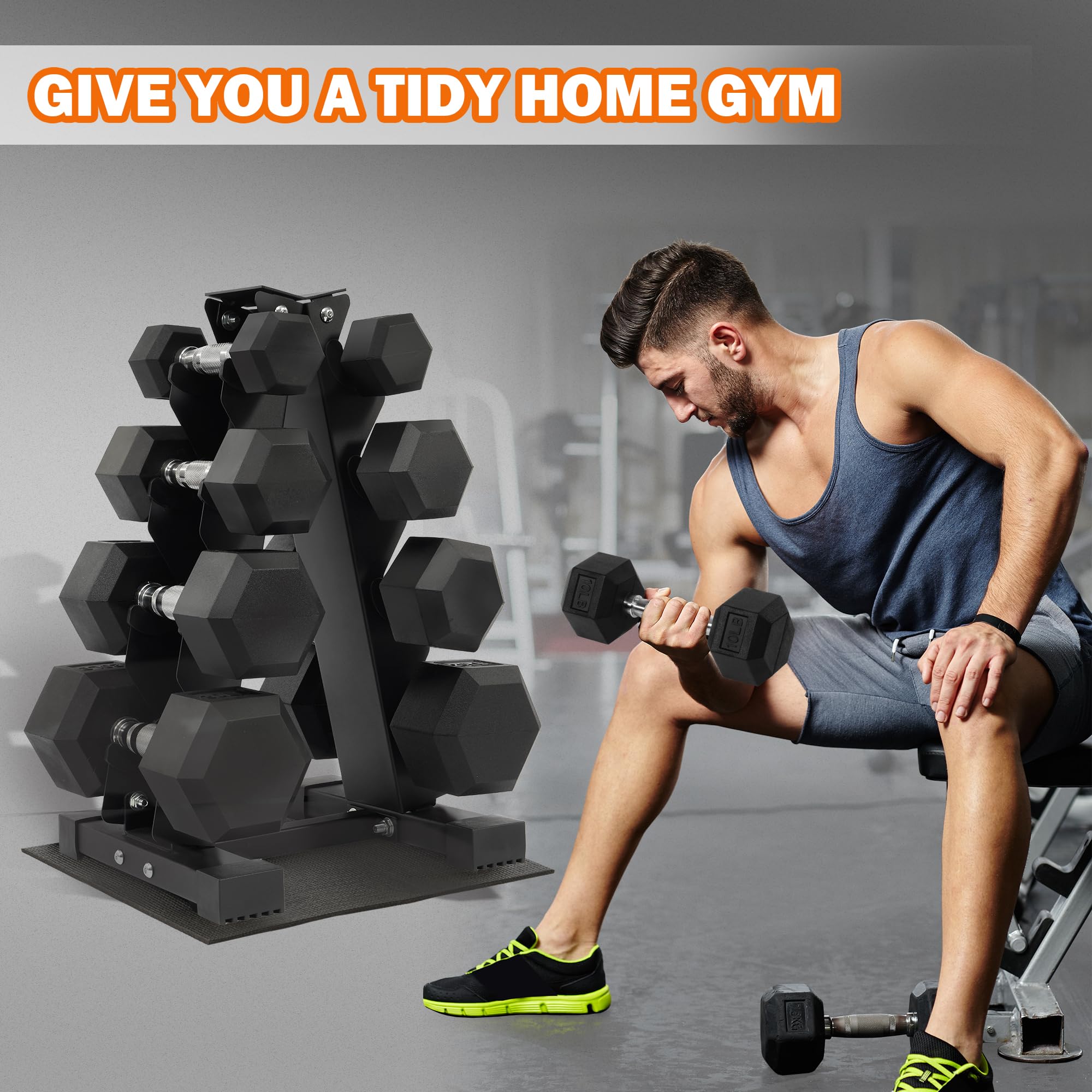 Fitvids 100 LB Rubber Coated Hex Dumbbell Set with Storage Rack, 5-25LB Hand Weight Set with Anti-Slip Grip for Home Gym