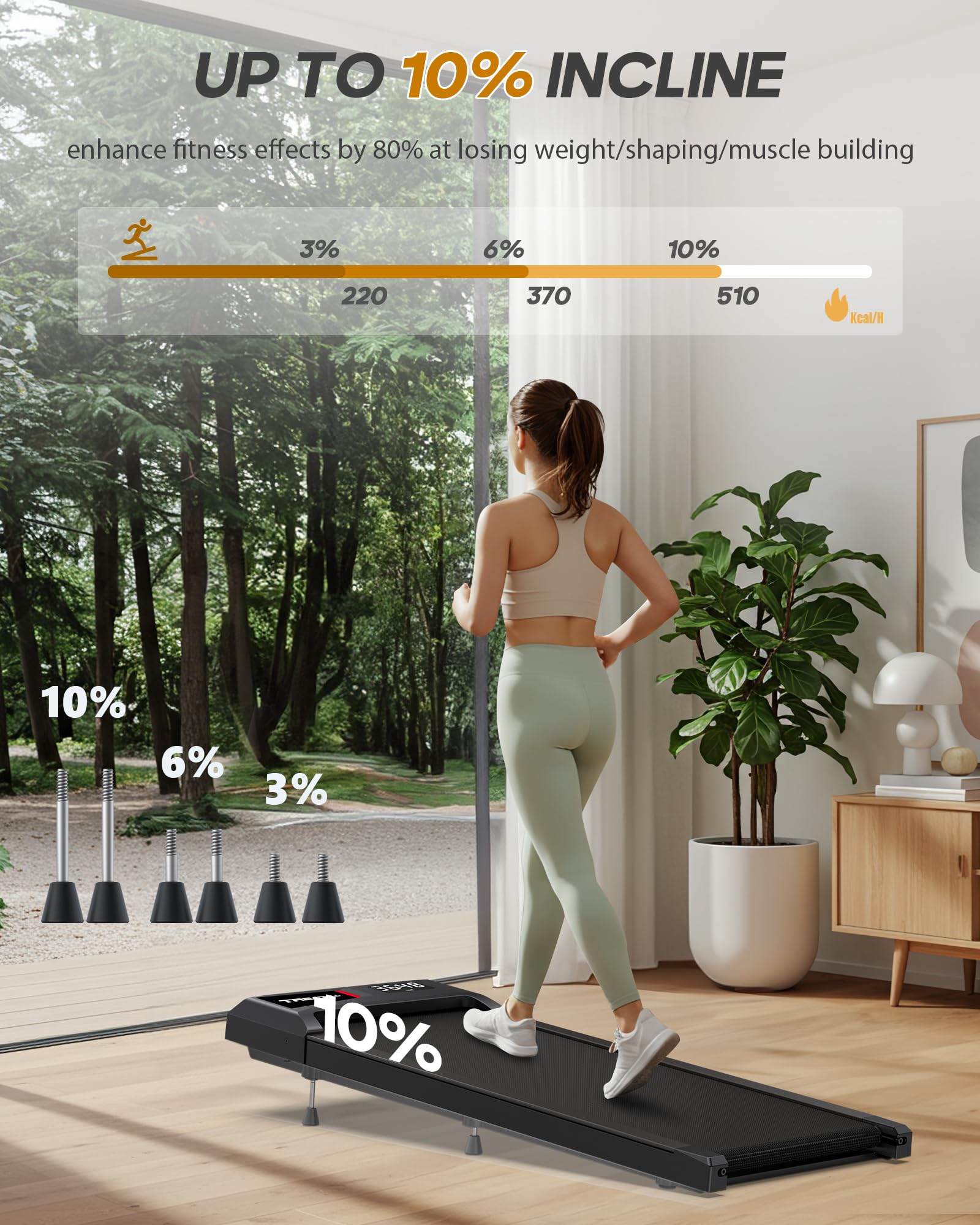 Cozyinn Under Desk Walking Pad Treadmill With 10% Incline, Quiet Portable Walking Pad For Home Office Small Space, 265Lb Capacit