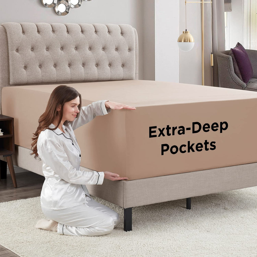 Empyrean Extra Deep Pocket Queen Fitted Sheet Only - Taupe Fitted Sheet Queen Size, Soft Fitted Bed Sheets For 18 To 24 Inch Mat