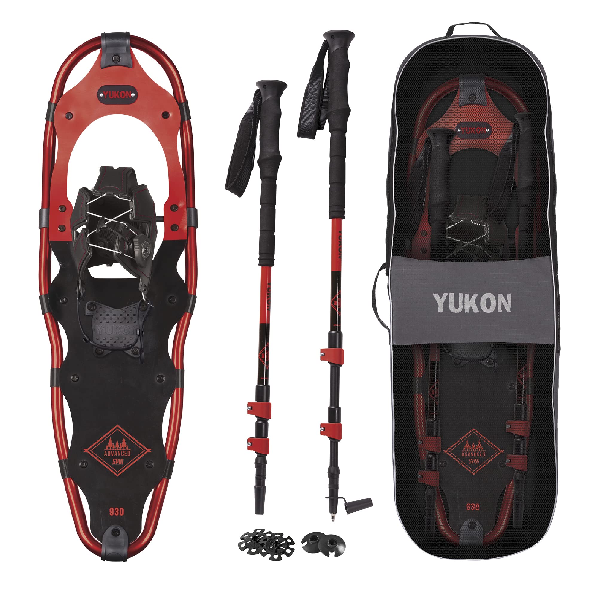 Yukon Charlies Advanced Spin Snowshoe Kit, 9-inch x 30-inch, Includes Snowshoes, Trekking Poles and Travel Bag
