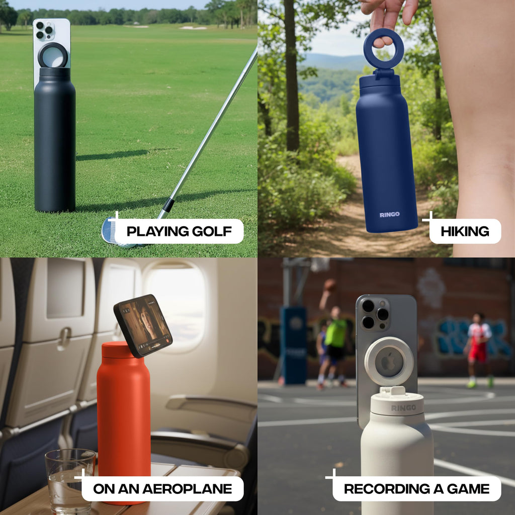 Ringo PRO Water Bottle with Magnetic Phone Mount & Sip Straw Lid - Insulated Stainless Steel Bottle for Workouts, Content Creati