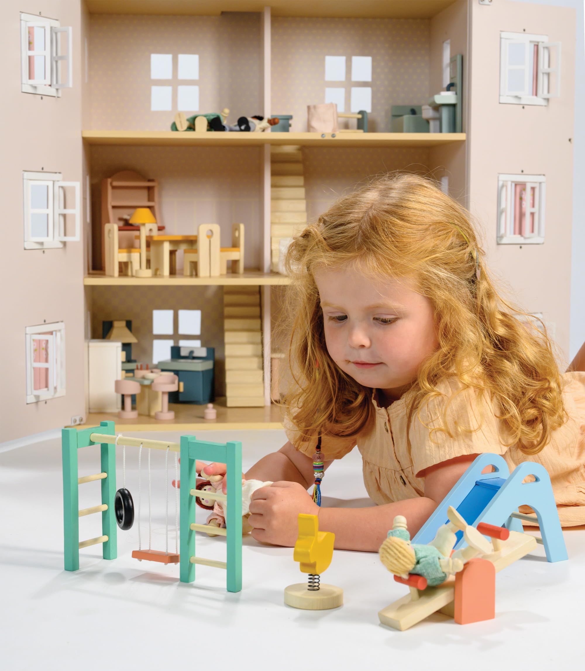 Mentari Toys - Playground Set - Wooden Playground Equipment For Doll House - Interactive Pieces For Small World Play - Encourage