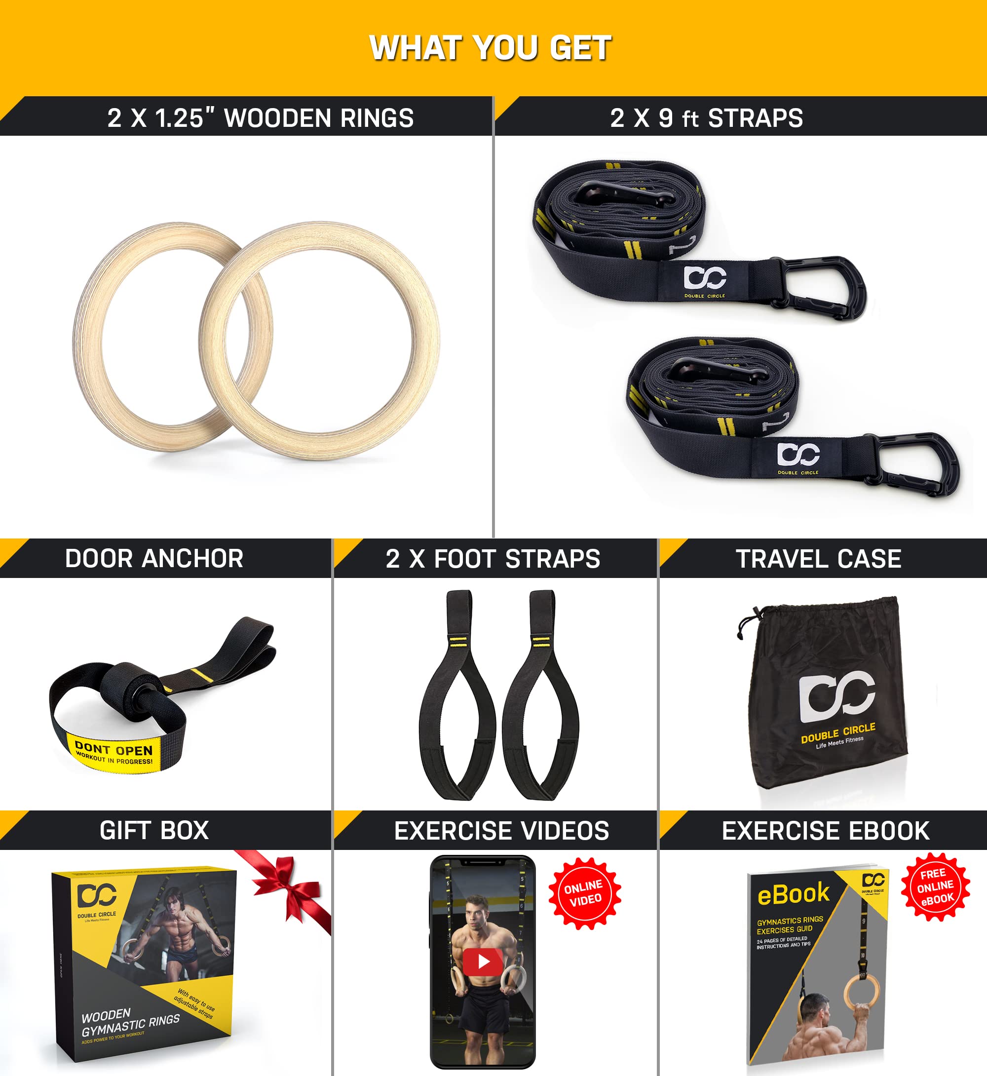 Double Circle Wood Gymnastic Rings With Quick Adjust Numbered Straps And Exercise Videos Guide - Full Body Workout - Calisthenic