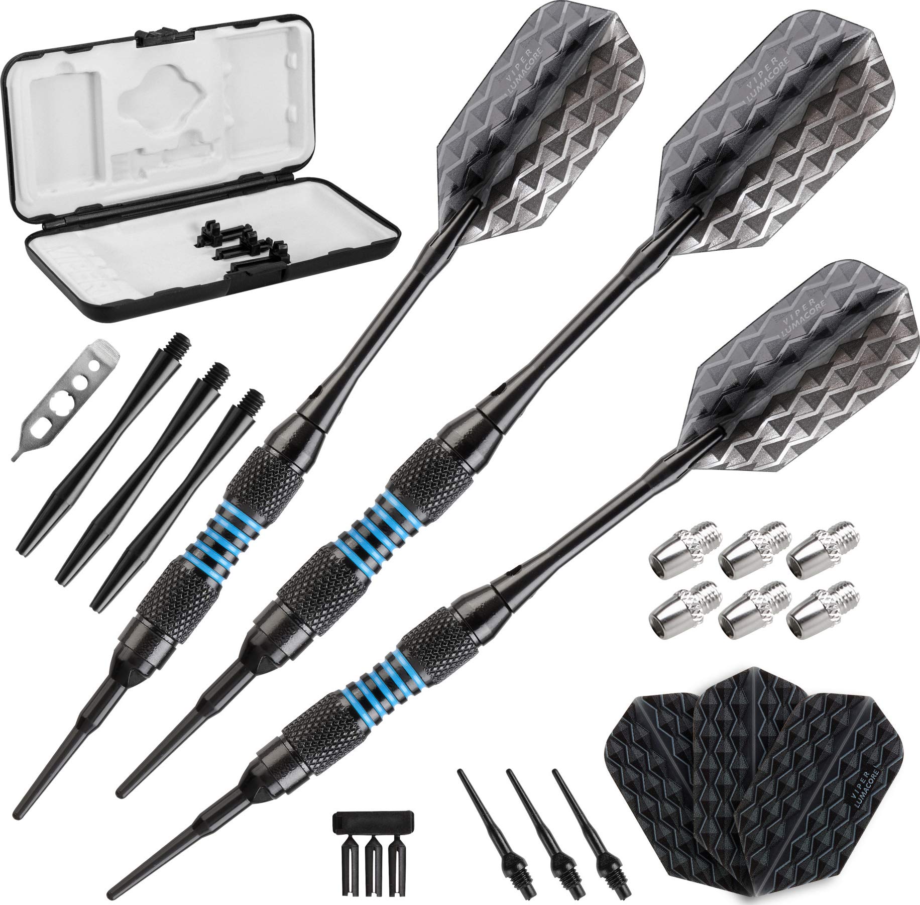 Viper Bobcat Adjustable Weight Soft Tip Darts With Storage/Travel Case: Black Coated Brass, Blue Rings, 16-19 Grams