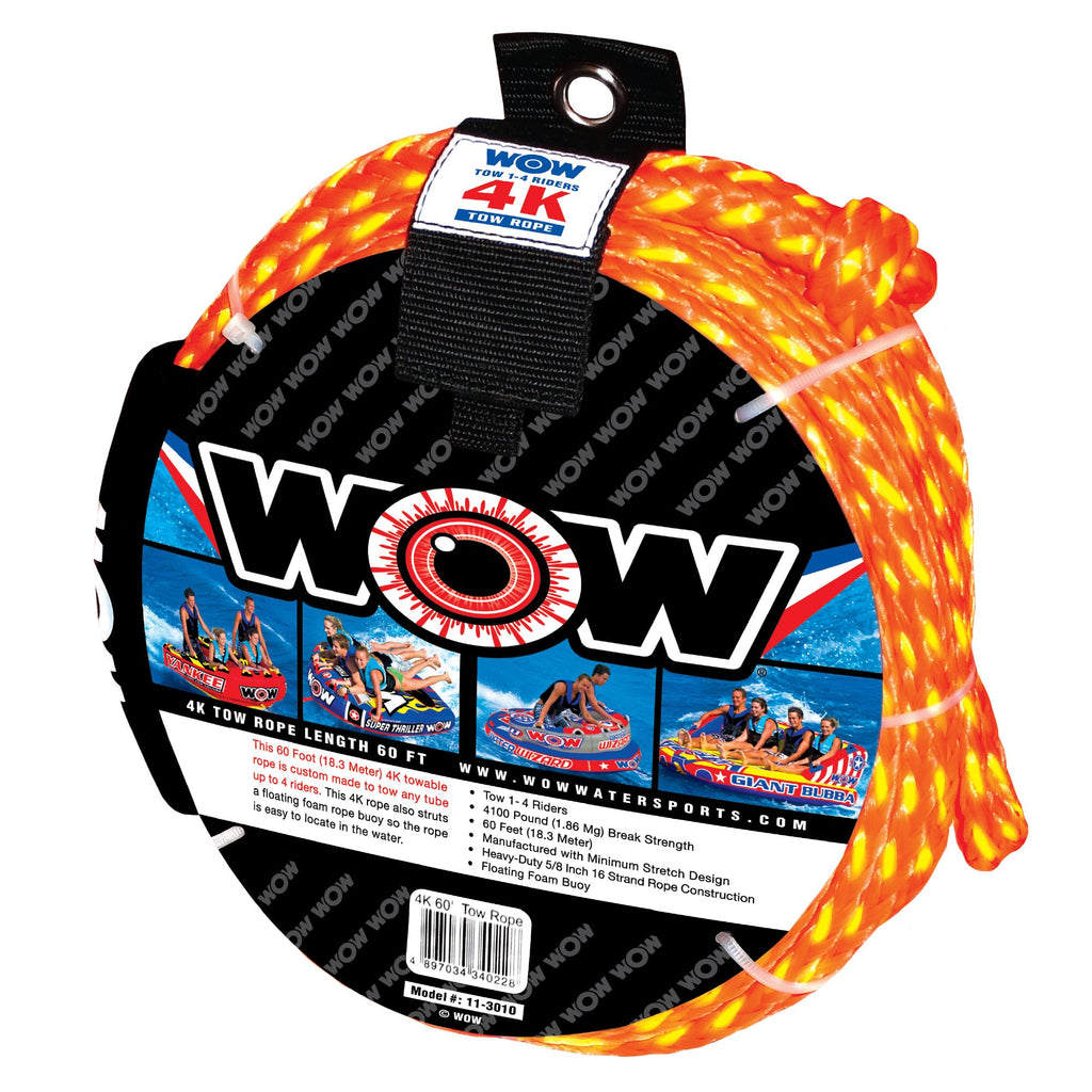Wow Sports World Of Watersports 4K 60 Ft. Tow Rope With Floating Foam Buoy 1 2 3 Or 4 Person Tow Rope For Boating, 11-3010