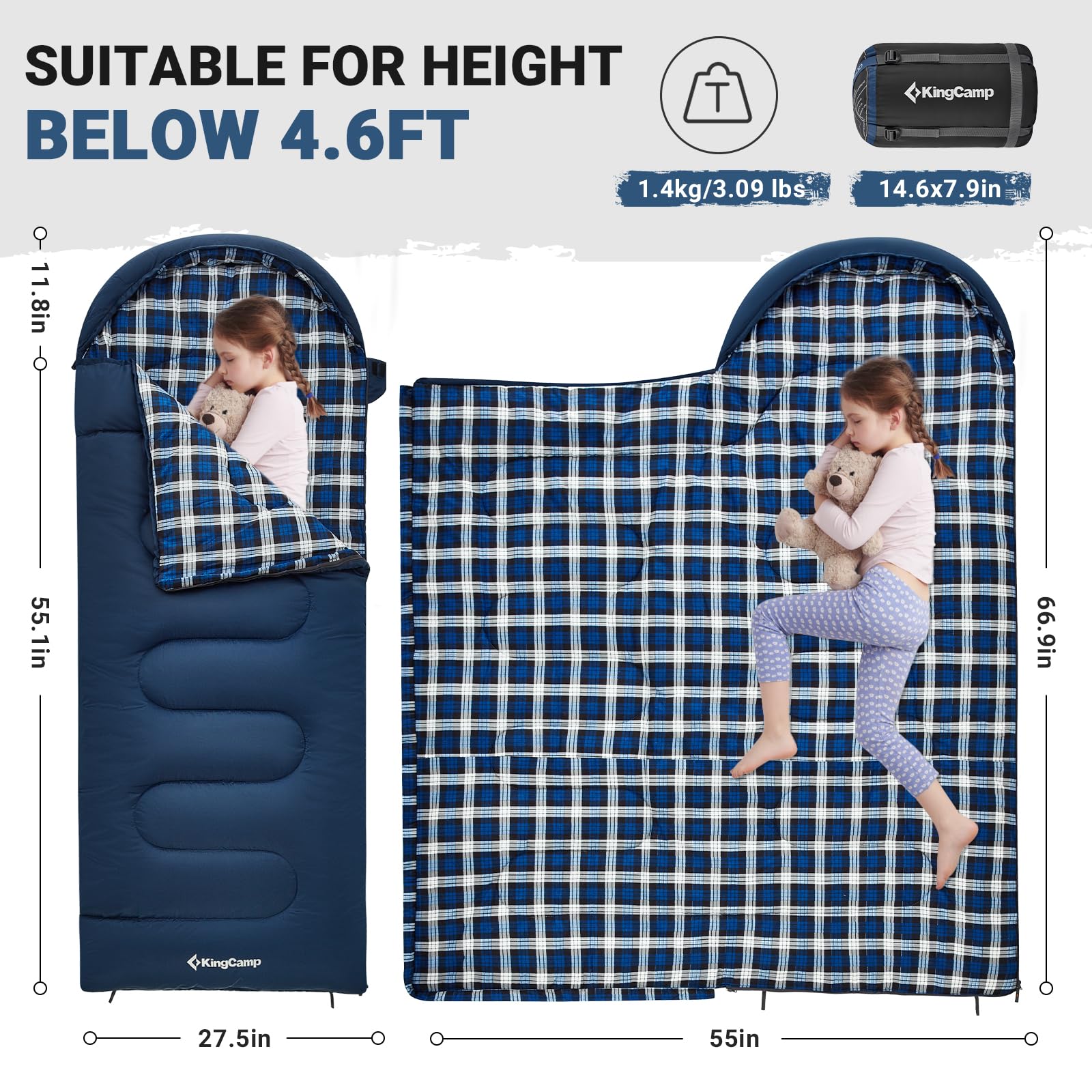 Kingcamp Kids Sleeping Bag Flannel Lined Cold Weather 3-4 Season Sleeping Bag For Teens Youth Child Boys Girls Camping Hiking Ba