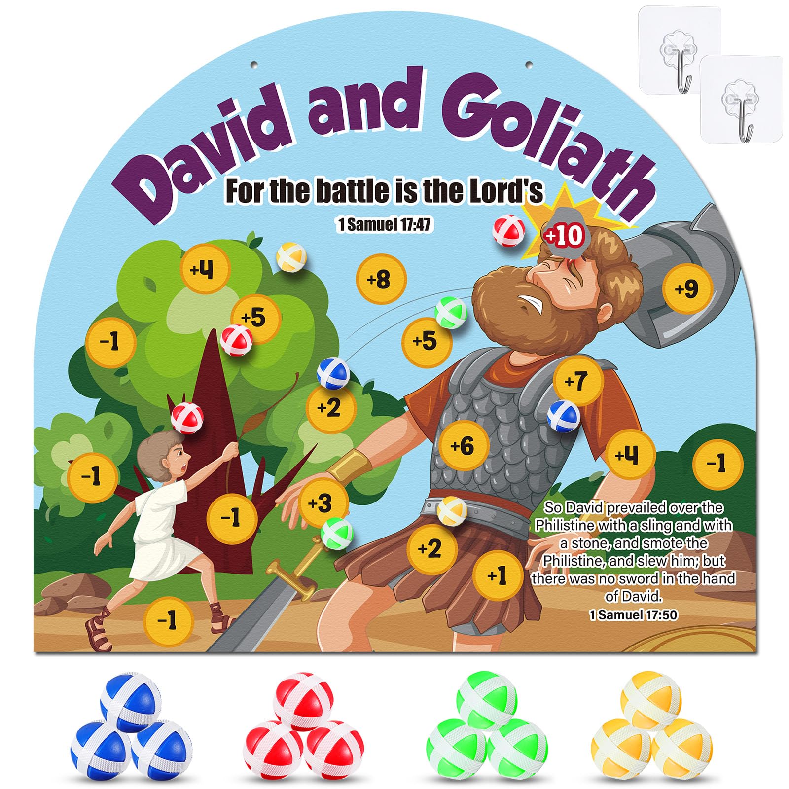 Soulchen David and Goliath Dart Board Game for Kids with 12 Pcs David Dart Board Sticky Balls Christian Home Decoration for Reli