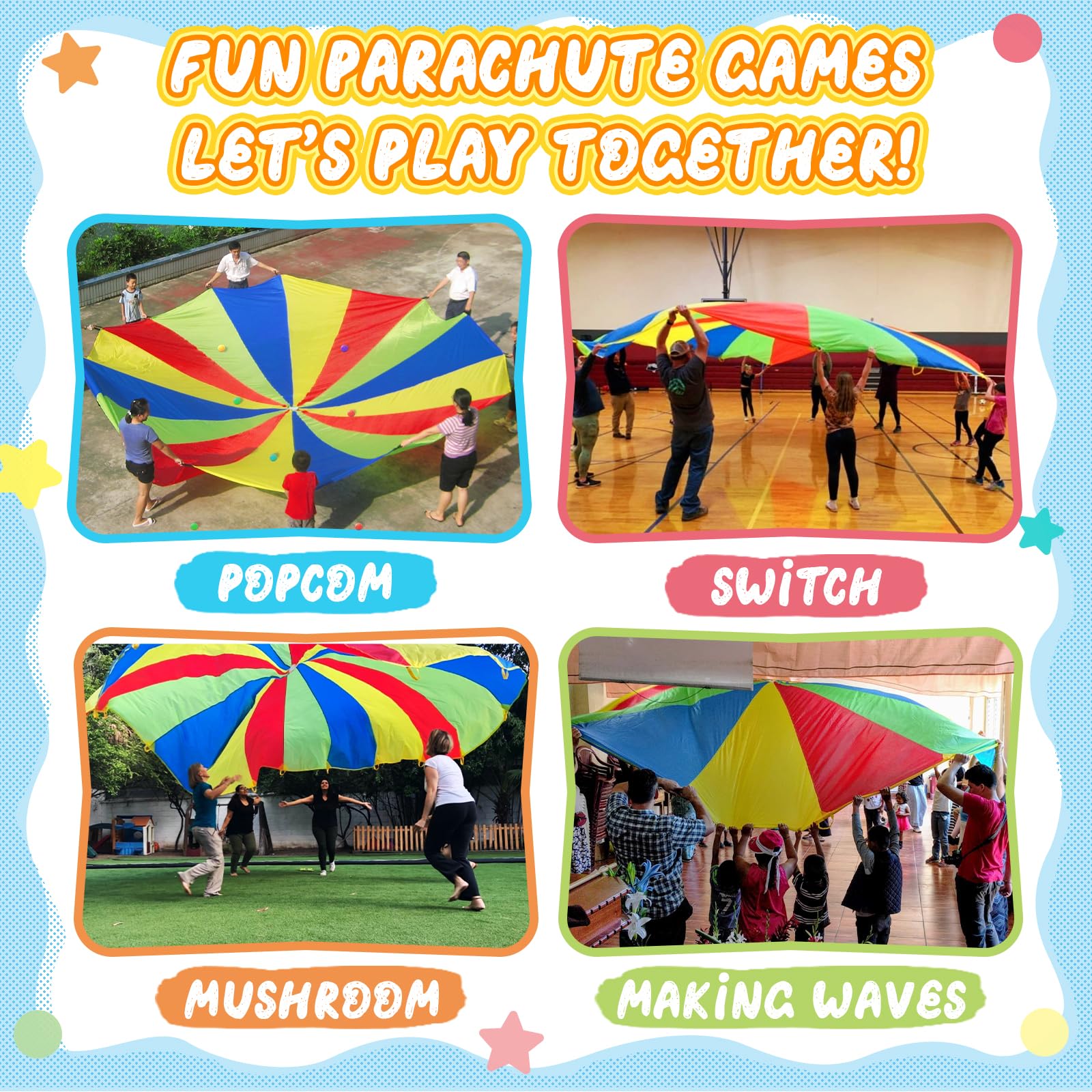 Sonyabecca Parachute, Play Parachute 20Ft With 16 Handles For Kids Cooperation Group Play