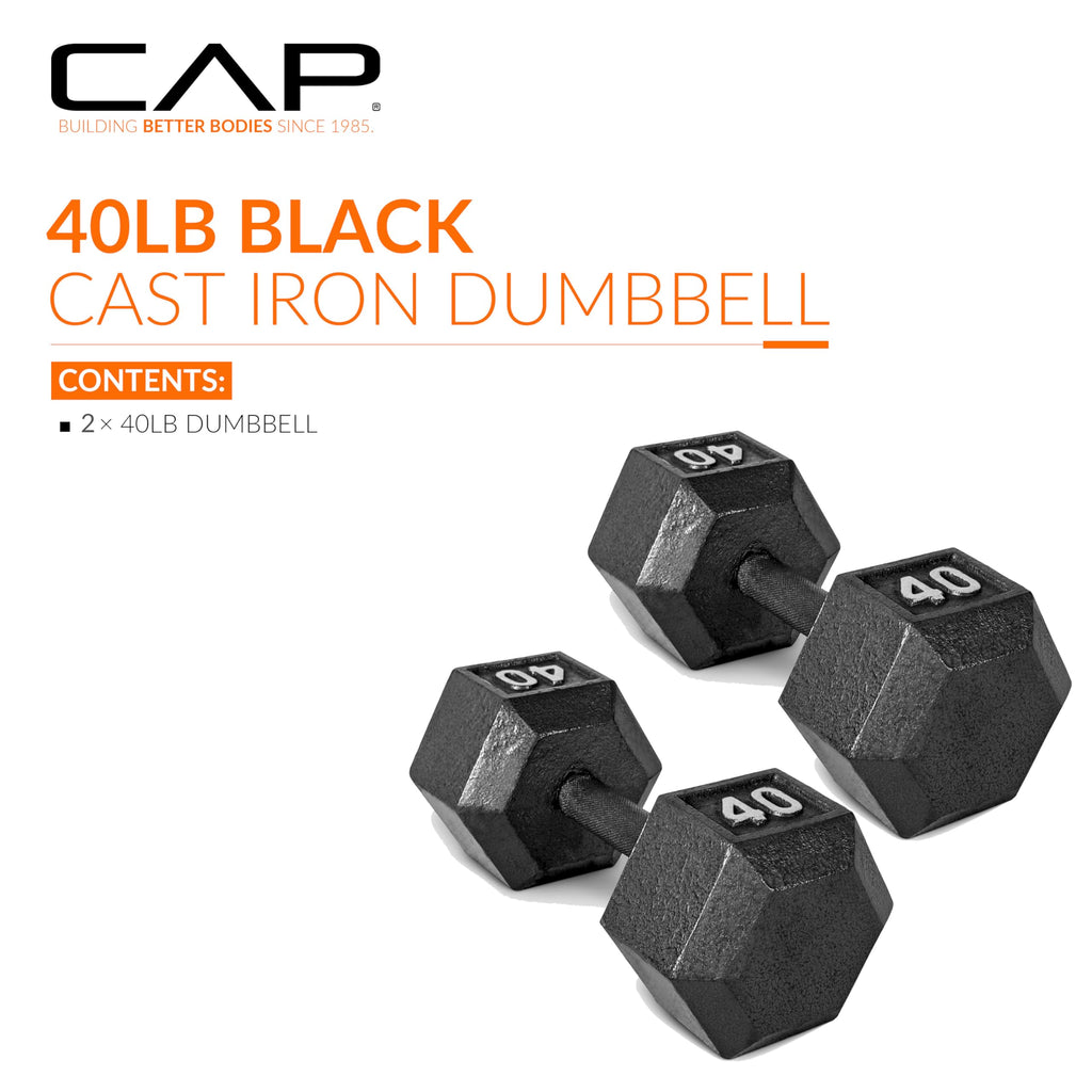 CAP Barbell 40 LB Cast Iron Hex Dumbbell Hand Weight - Pair | Black