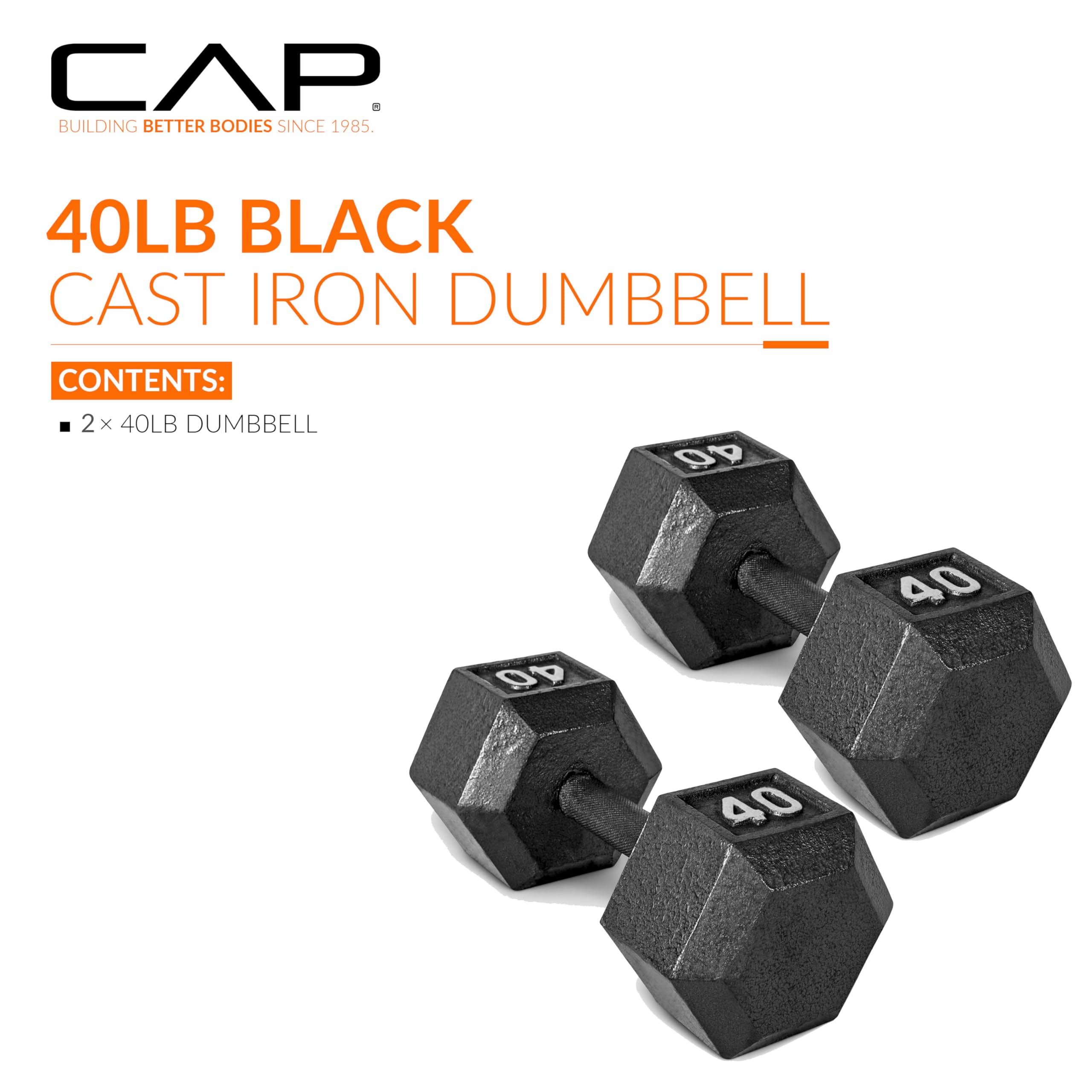 CAP Barbell 40 LB Cast Iron Hex Dumbbell Hand Weight - Pair | Black