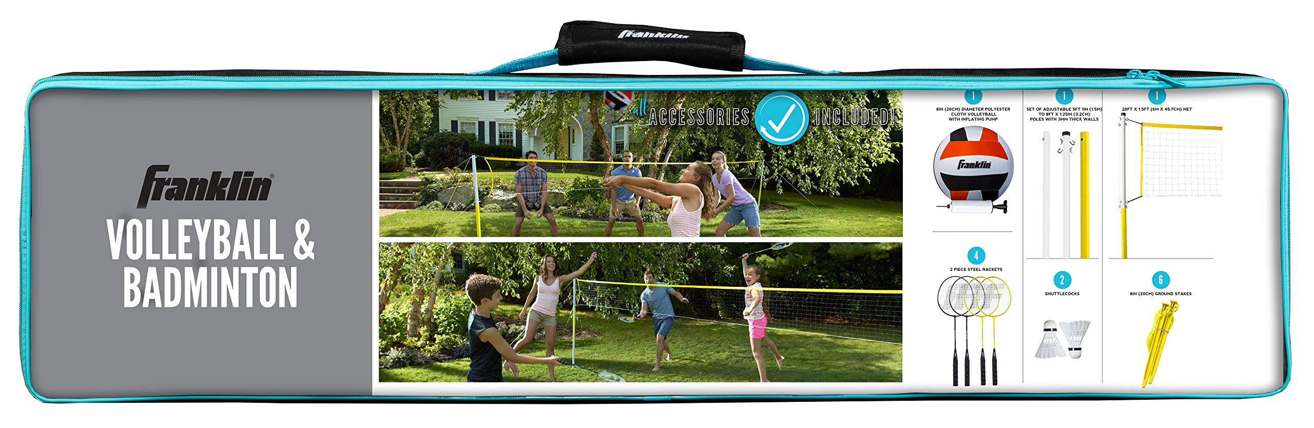Franklin Sports Family Volleyball & Badminton Combo Set - Portable Backyard + Beach Volleyball + Badminton Net - Volleyball, Rac