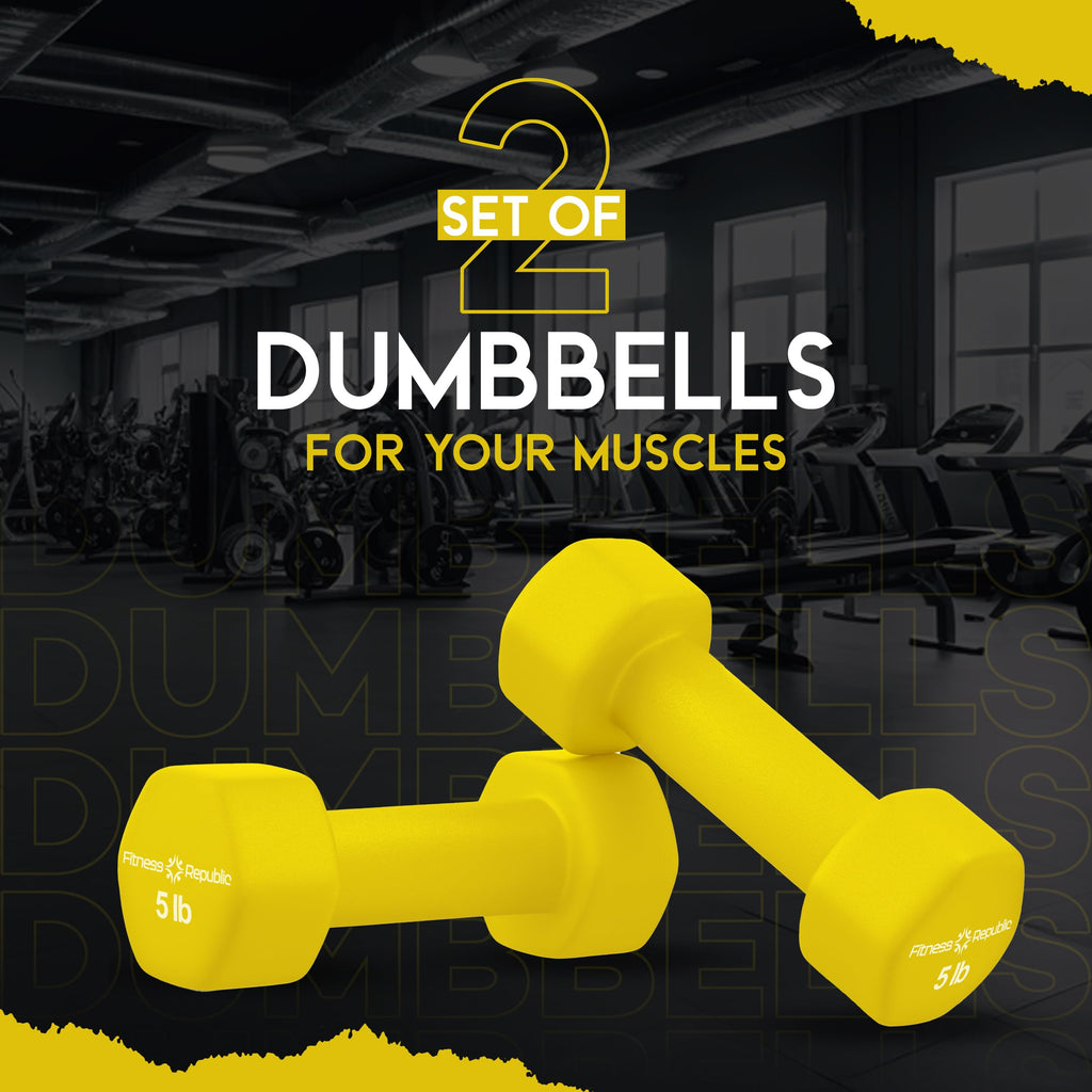 Fitness Republic 5Lb Neoprene Workout Dumbbells Set Of 2 - Non Slip, Anti Roll Exercise & Fitness Dumbbells - Hex Shaped Hand We