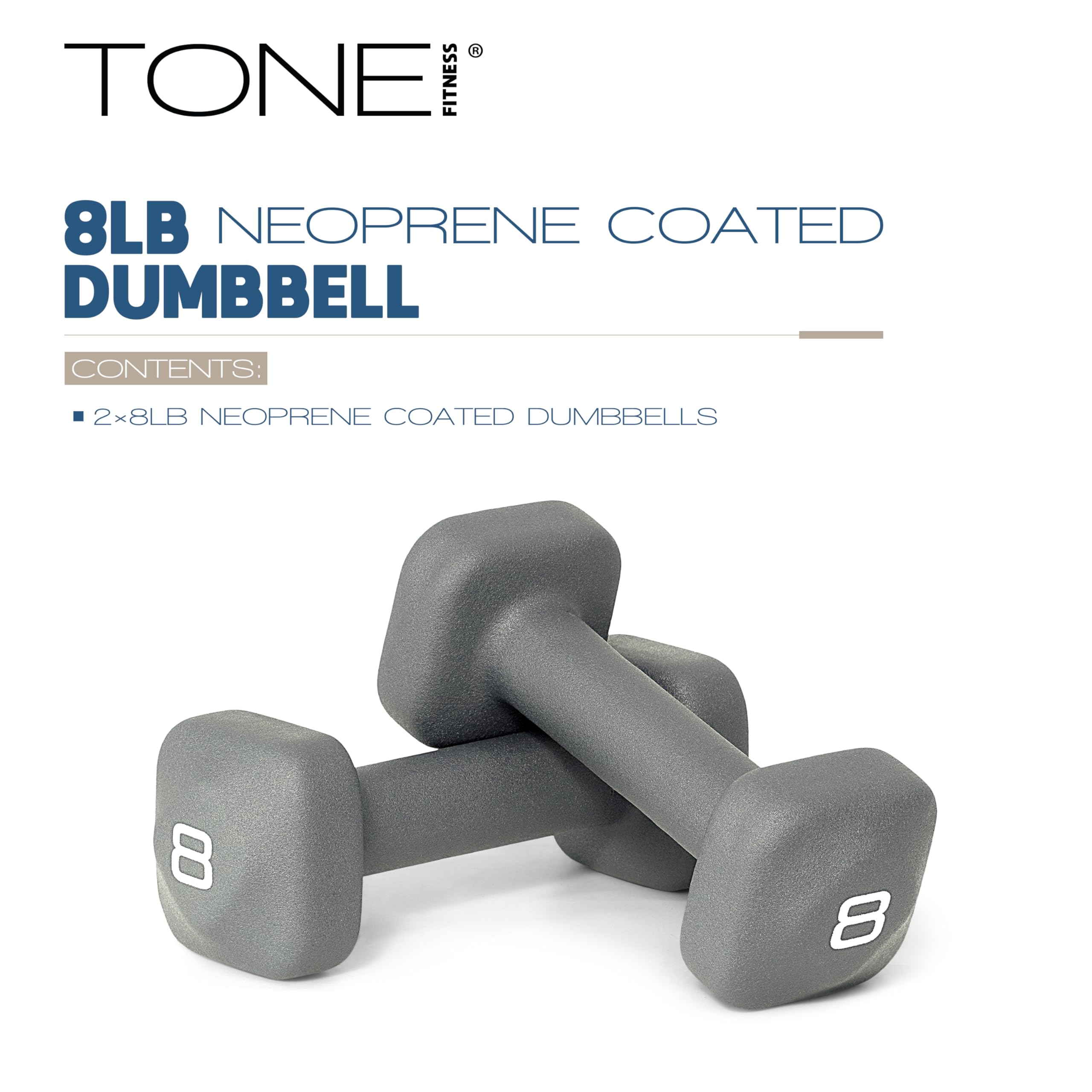 Tone Fitness 8 lb Neoprene Dumbbell Pair for Home Workouts - Non-Slip Design - Gray