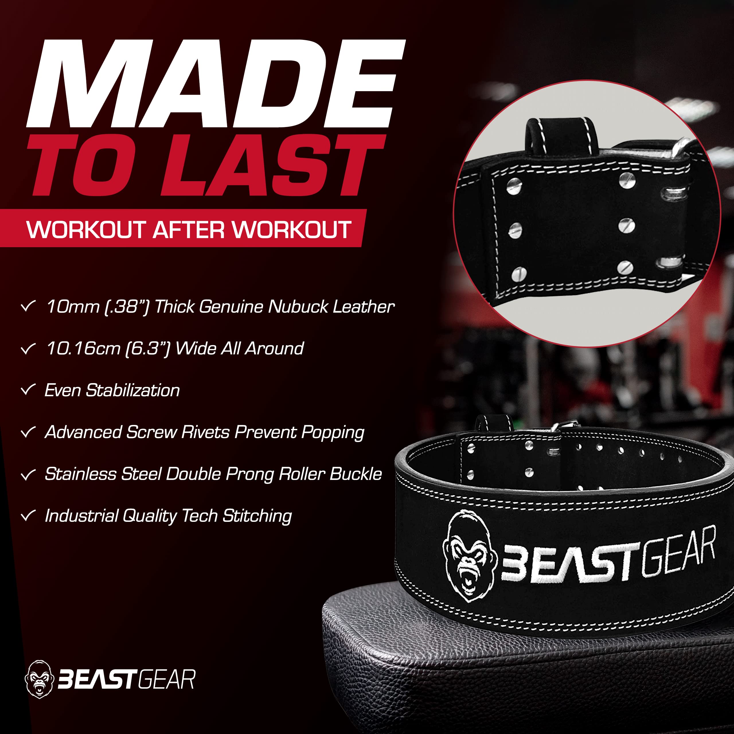 Beast Gear Weight Lifting Belt For Women & Men - Leather Powerbelt With Back And Core Support For Weightlifting, Strength Traini