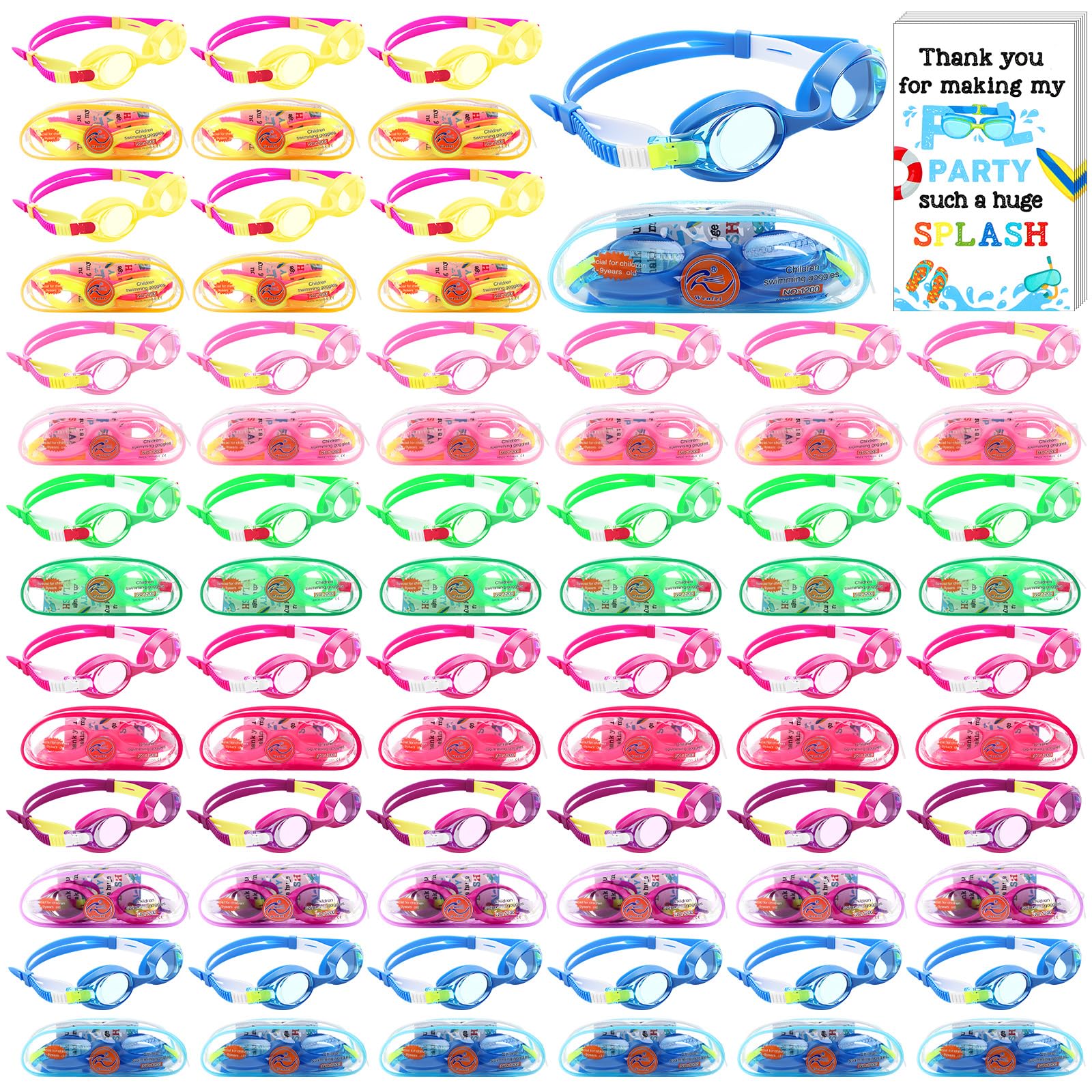 Relaxweex 36 Sets Swim Goggles Gifts Bulk with Thank You Card Anti Fog Goggle for Summer Pool Party End of Year Outdoor Beach (C