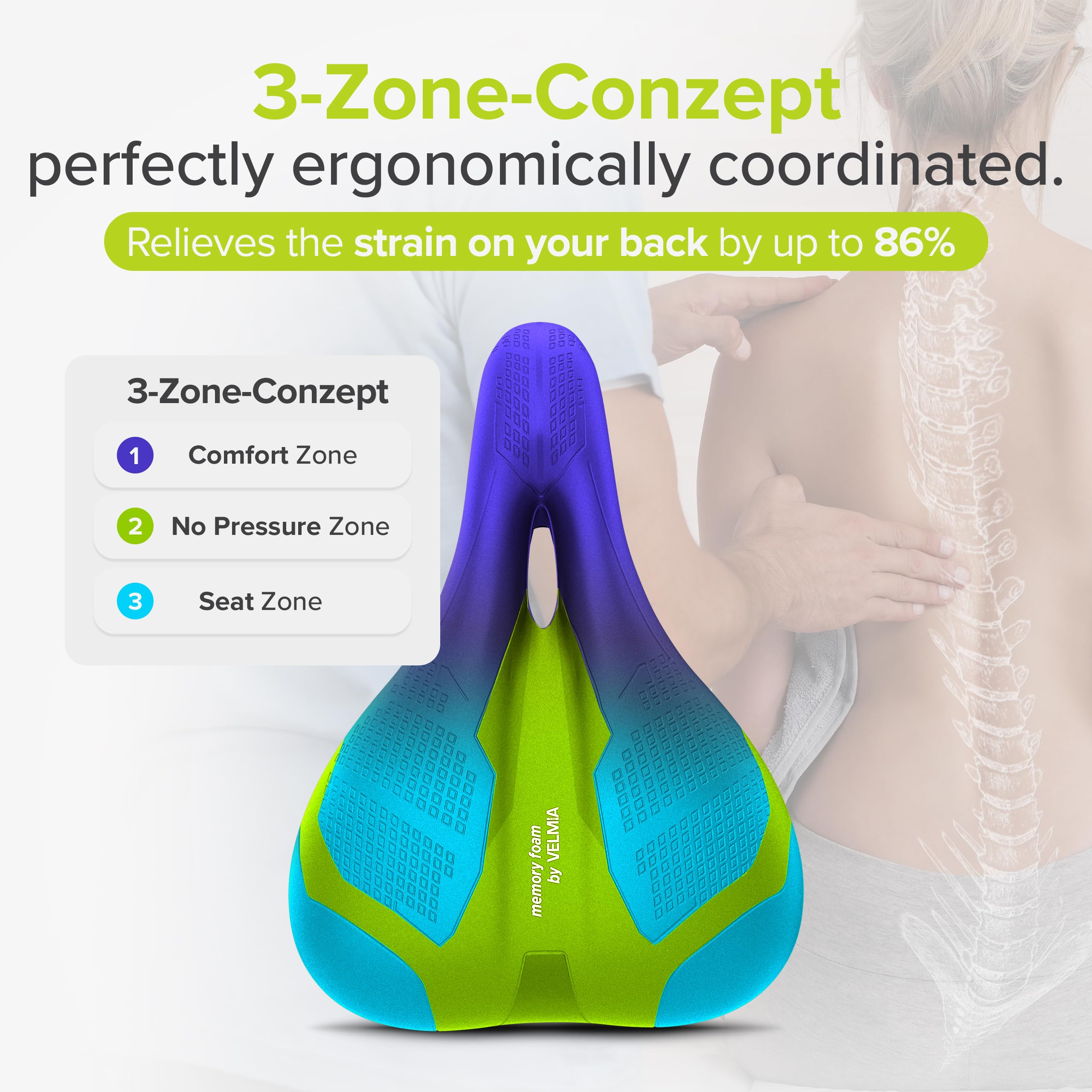 Velmia Trekking Bicycle Saddle - Comfortable Saddle For Men And Women - 3 Zone Concept - Waterproof Bicycle Seat With Ergonomic
