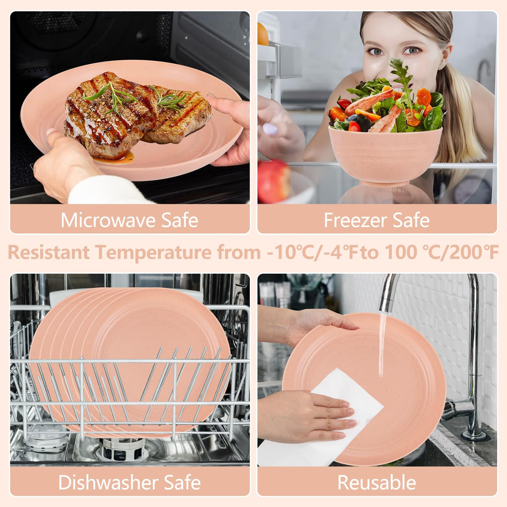 Rubtlamp 16Pcs Plastic Wheat Straw Dinnerware Set, Reusable Plastic Plate Set For 4, Kitchen Plates And Bowls Set (Orange Pink)