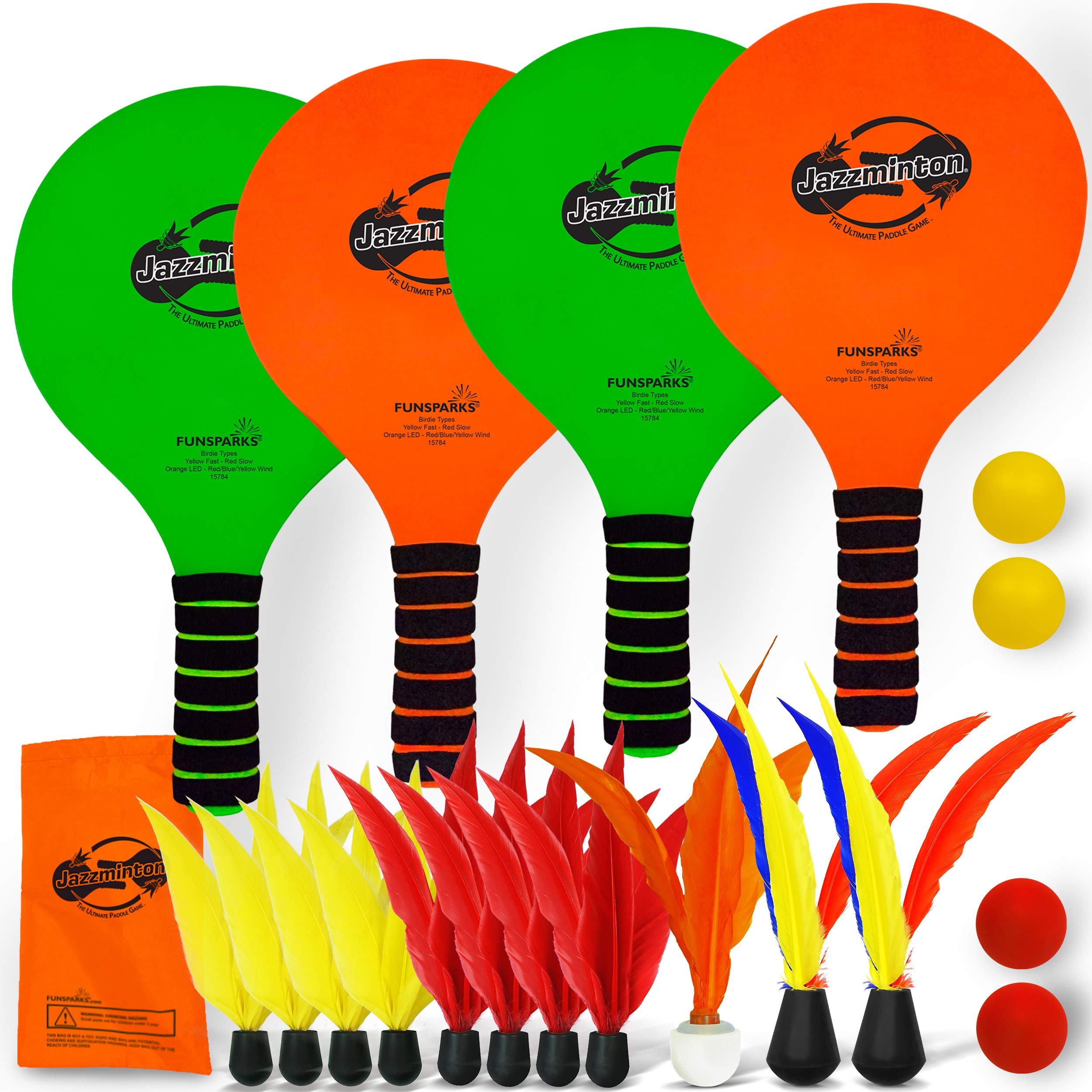 Funsparks Jazzminton Paddle Game Select Double - 4 Paddles 11 Birdies 4 Balls - A Must Have Racquet Game - Lawn, Yard, Beach Gam