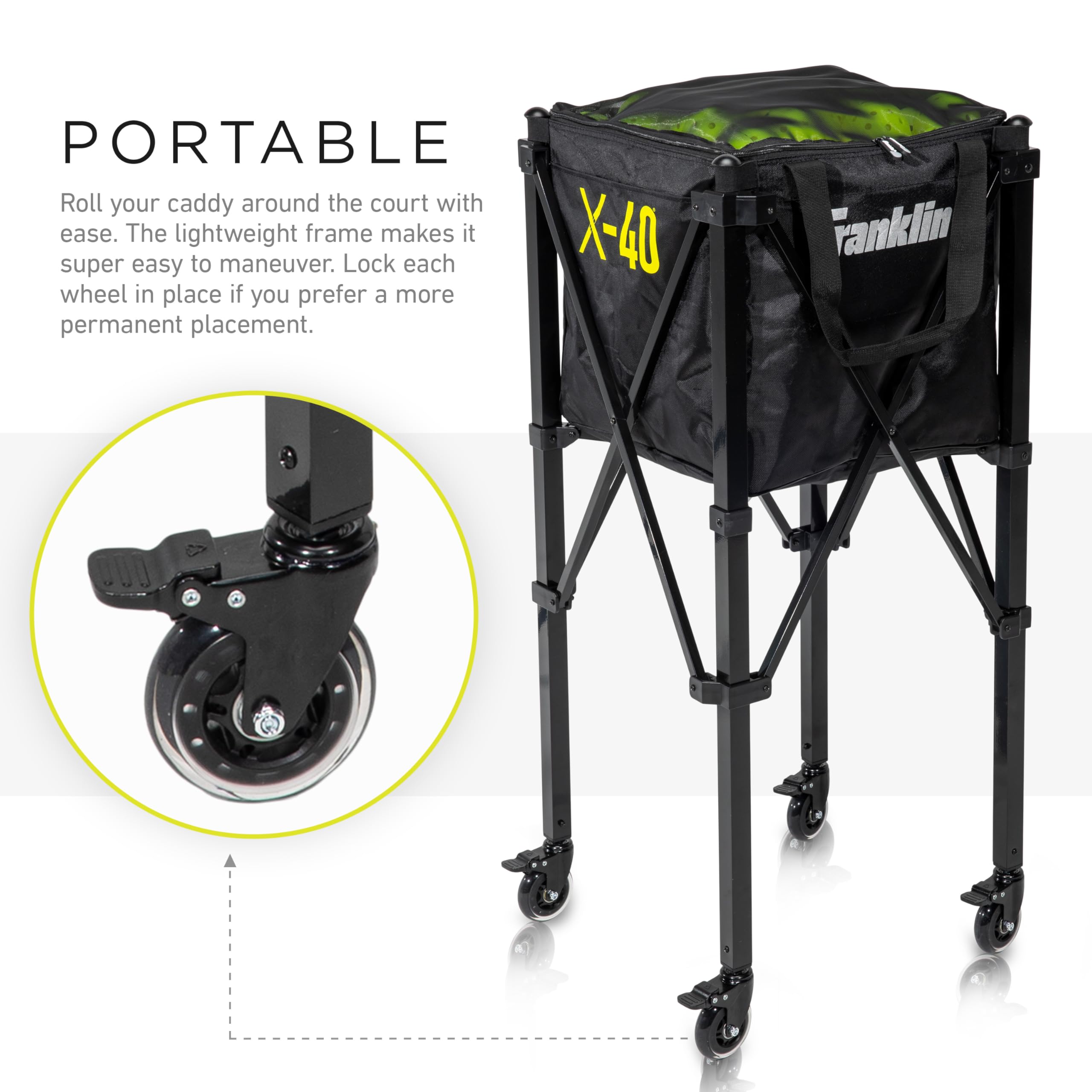 Franklin Sports Portable Pickleball Hopper + Carry Bag - (100) Ball Pickleball Caddy + Travel Basket With Wheels - Easy Storage