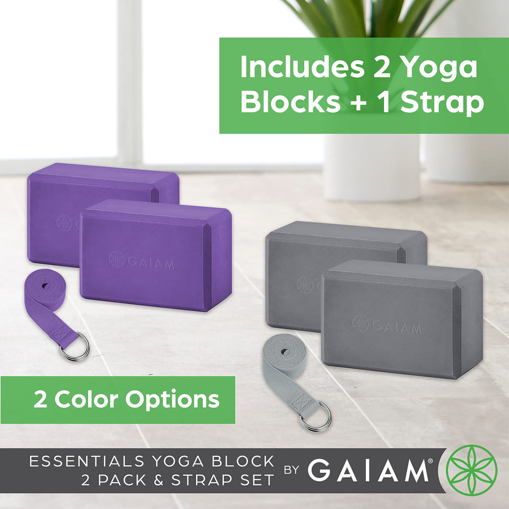 Gaiam Essentials Yoga Block 2 Pack & Yoga Strap Set, Deep Purple, 9'' W X 6'' H X 4'' D
